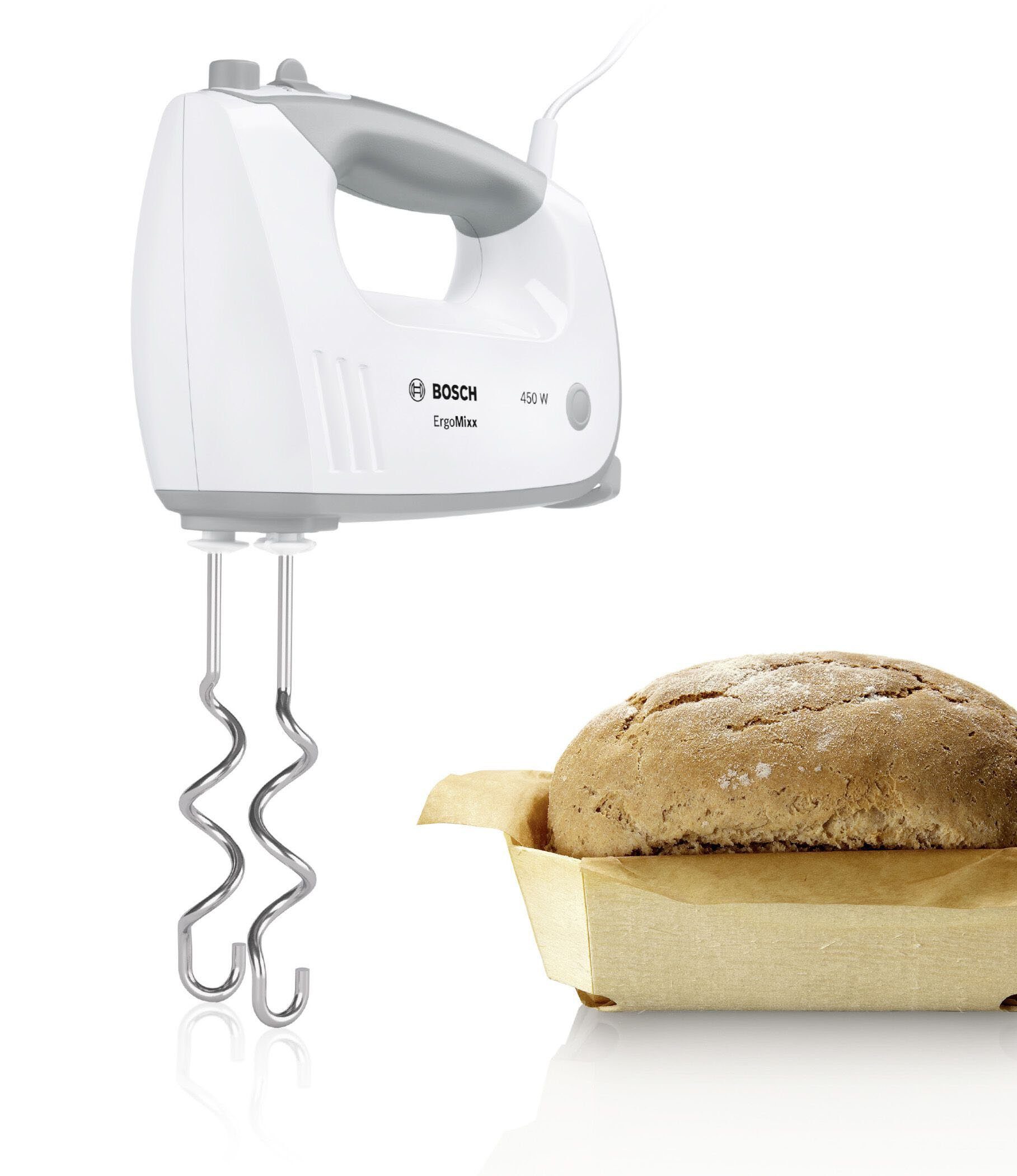 BOSCH Handmixer ErgoMixx MFQ36470, roestvrijstalen garde/kneedhaken, mixvoet, 5 standen, wit