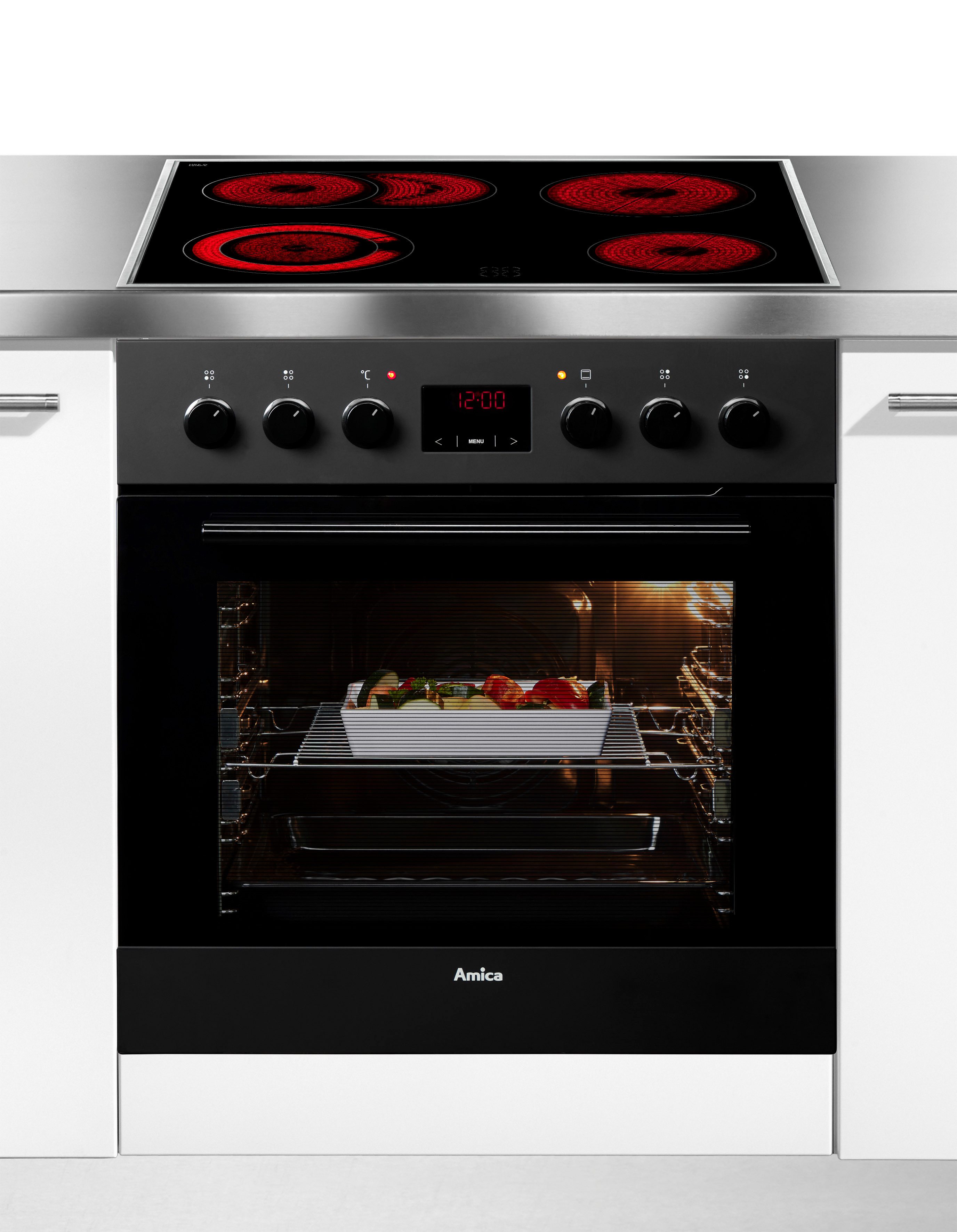 Amica Inbouw elektrisch fornuisset EHC 12921 SM Oven met 11 programma's en tweeledig uittrekbare bakplaat rails.