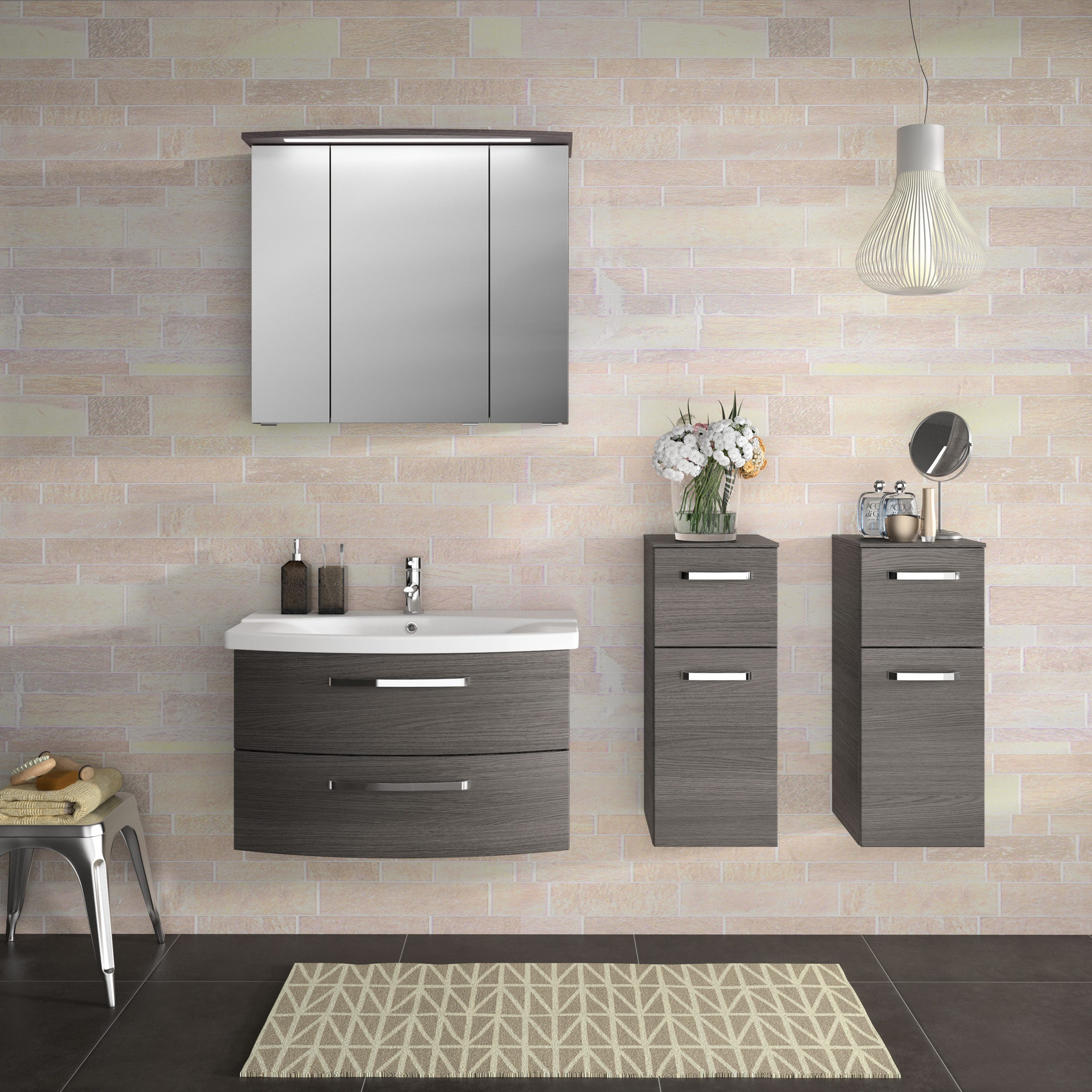 Saphir Badmeubelset Serie 4010 2-delig keramische wastafel met LED-spiegelkast Badkamer set 84 cm breed, incl. deurdemper, 3 deuren, 2 lades (set)
