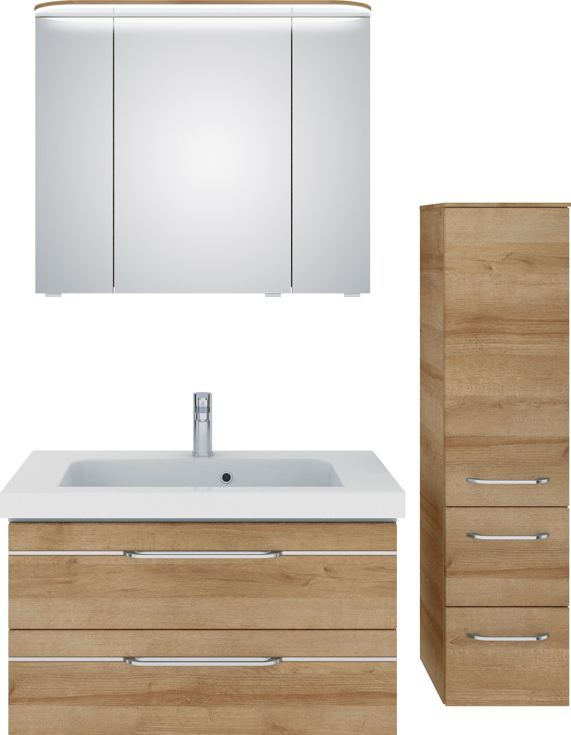 Saphir Badkamerserie Balto sprint 3-delig, mineraalmarmeren wastafel met led-spiegelkast (4-delig) badmeubelsets bruin