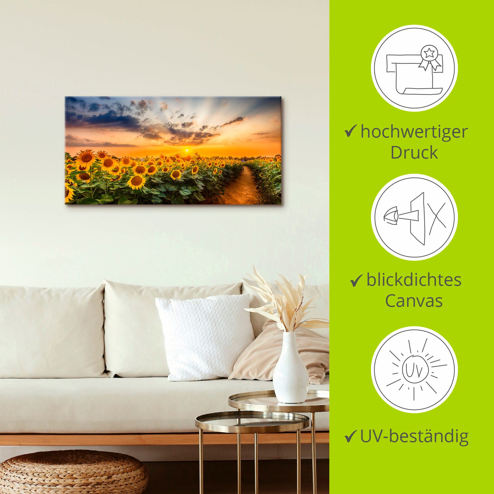 Artland Artprint Zonnebloemenveld bij zonsondergang als artprint van aluminium, artprint voor buiten, artprint op linnen, poster in verschillende maten. maten