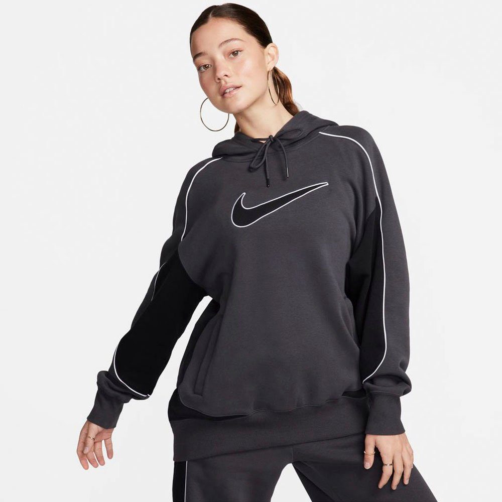 Nike Sportswear Fleece Oversized Pullover Swoosh Hoodies anthracite black white maat: XS beschikbare maaten:XS L