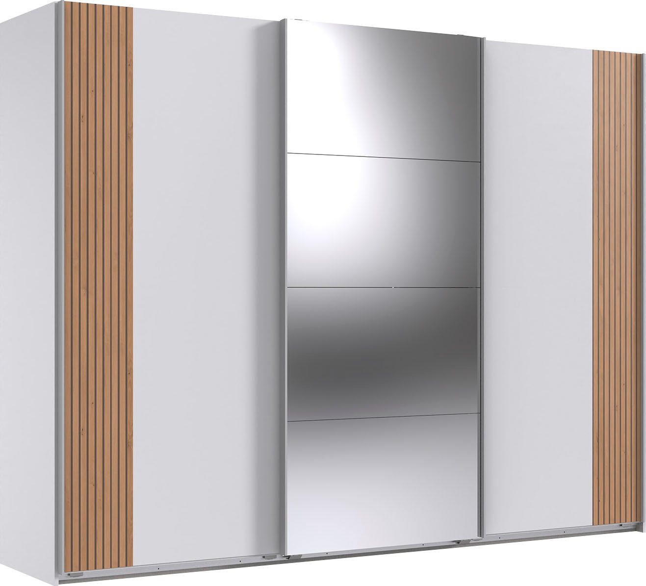 Wimex Zweefdeurkast Malaga 3-deurs kledingkast met akoestische panelen look en spiegel zweefdeurkasten maat 270 cm x 208 cm x 65 cm wit