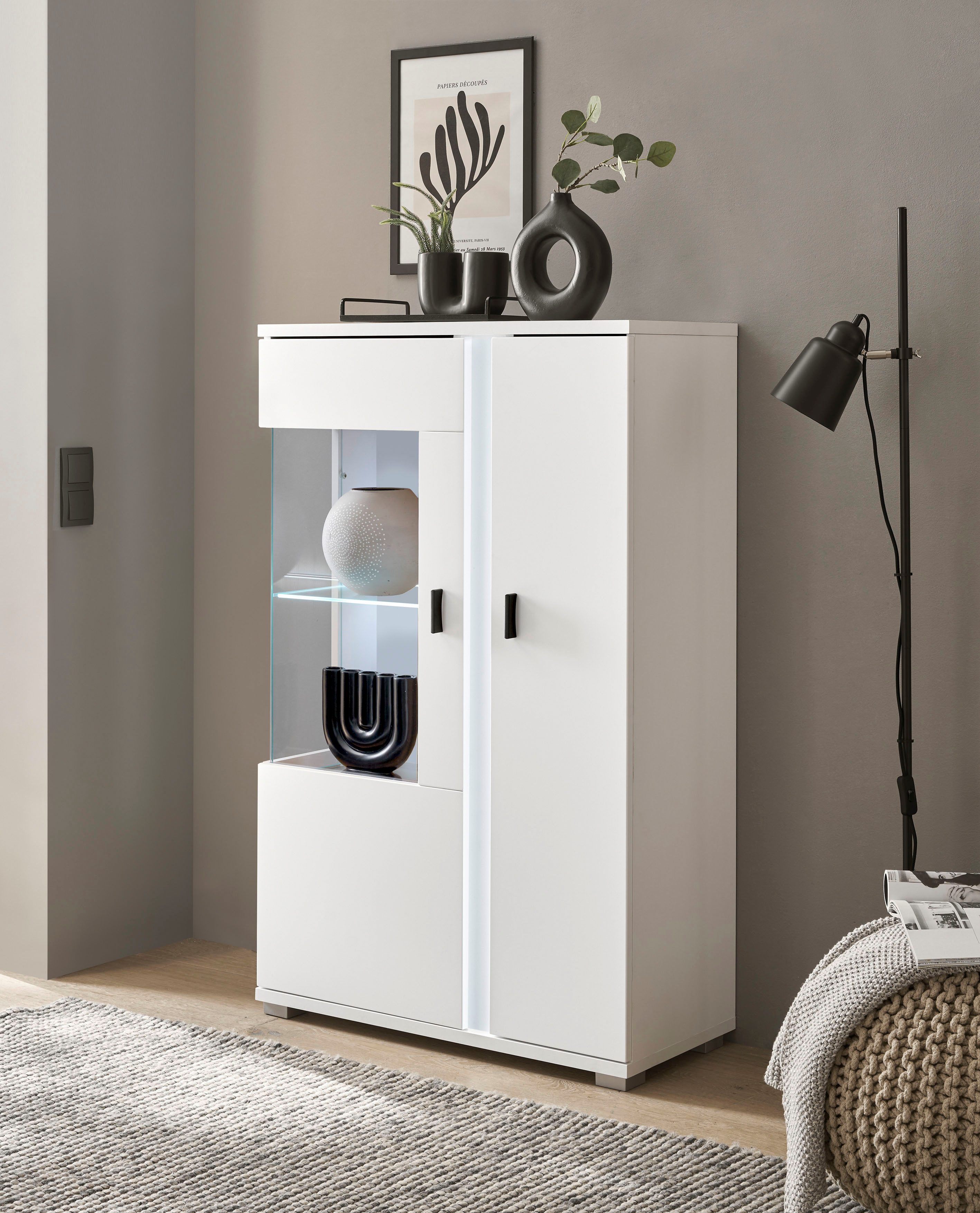 INOSIGN Vitrinekast Long Island in moderne trendkleur, inclusief verticale verlichting, breedte 80 cm (1 stuk)