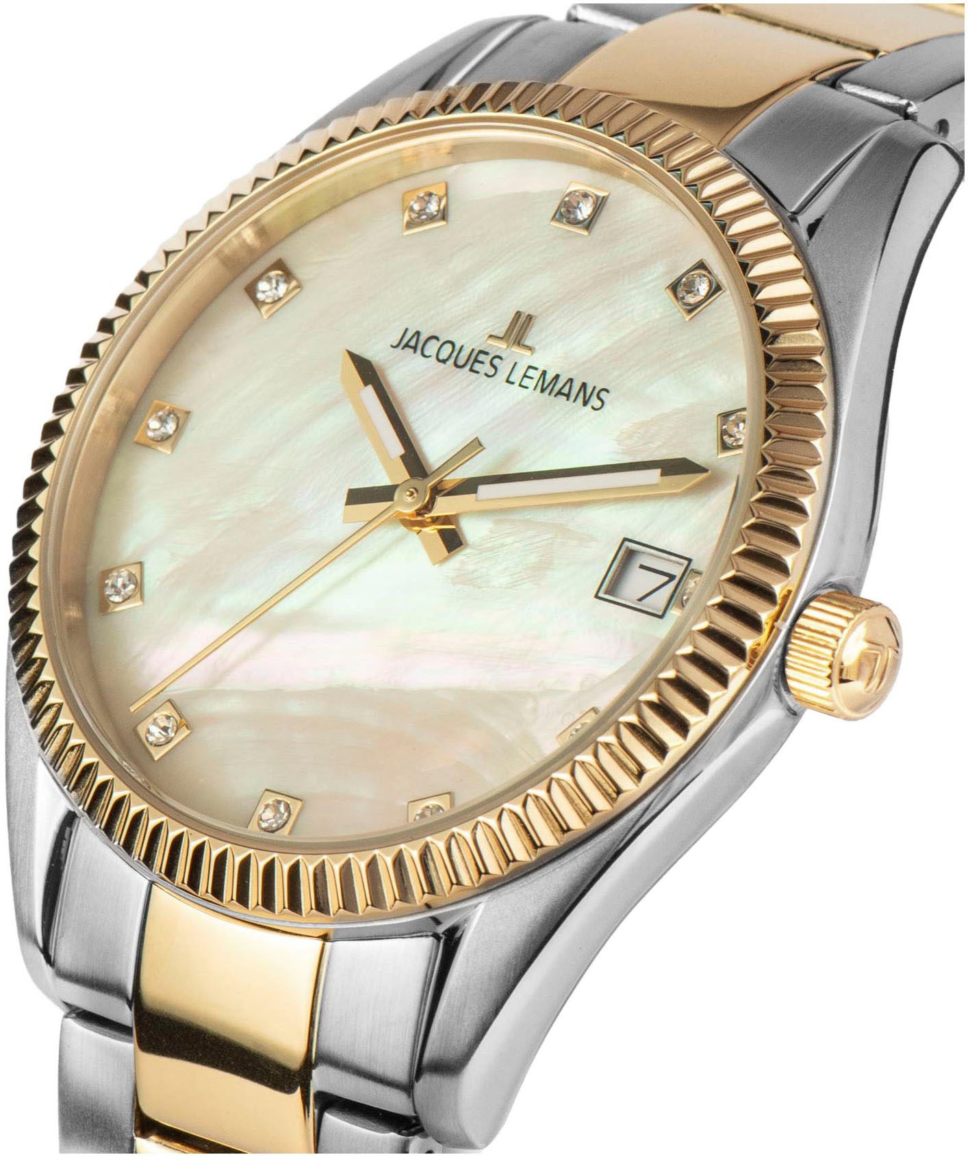 Jacques Lemans Kwartshorloge Derby Polshorloge, dameshorloge, datum, parelmoer wijzerplaat, roestvrijstalen armband