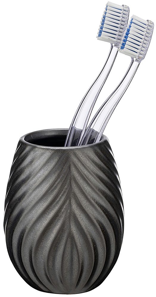 WENKO Set badkameraccessoires Model Idro antraciet Zeepdispenser en tandenborstelbeker van keramiek, lijnstructuur (2-delig)