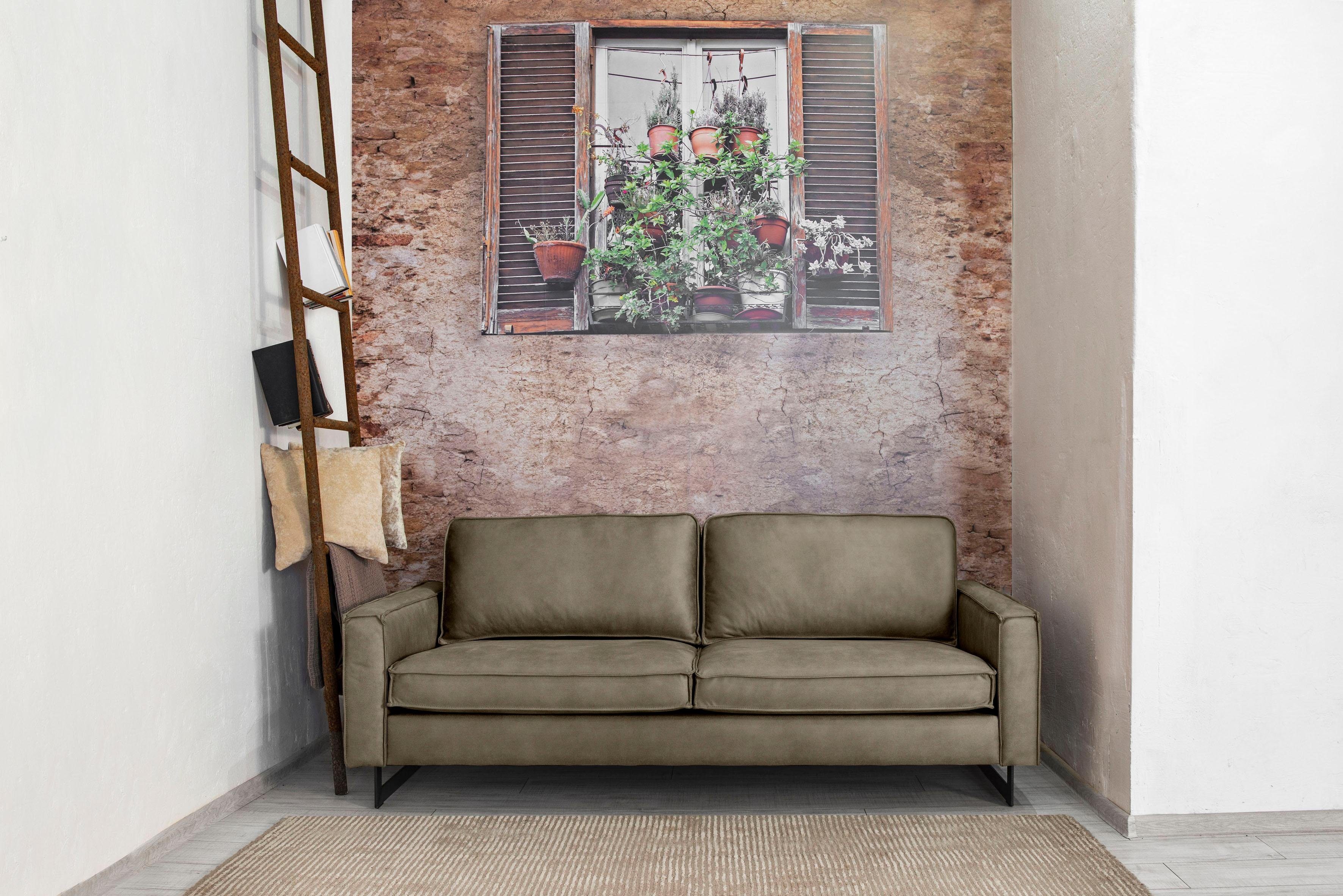 Places of Style 3-zitsbank Pinto, 206 cm, cord, chenille, leerlook met keder, zwarte metalen voeten, golfondersteuning