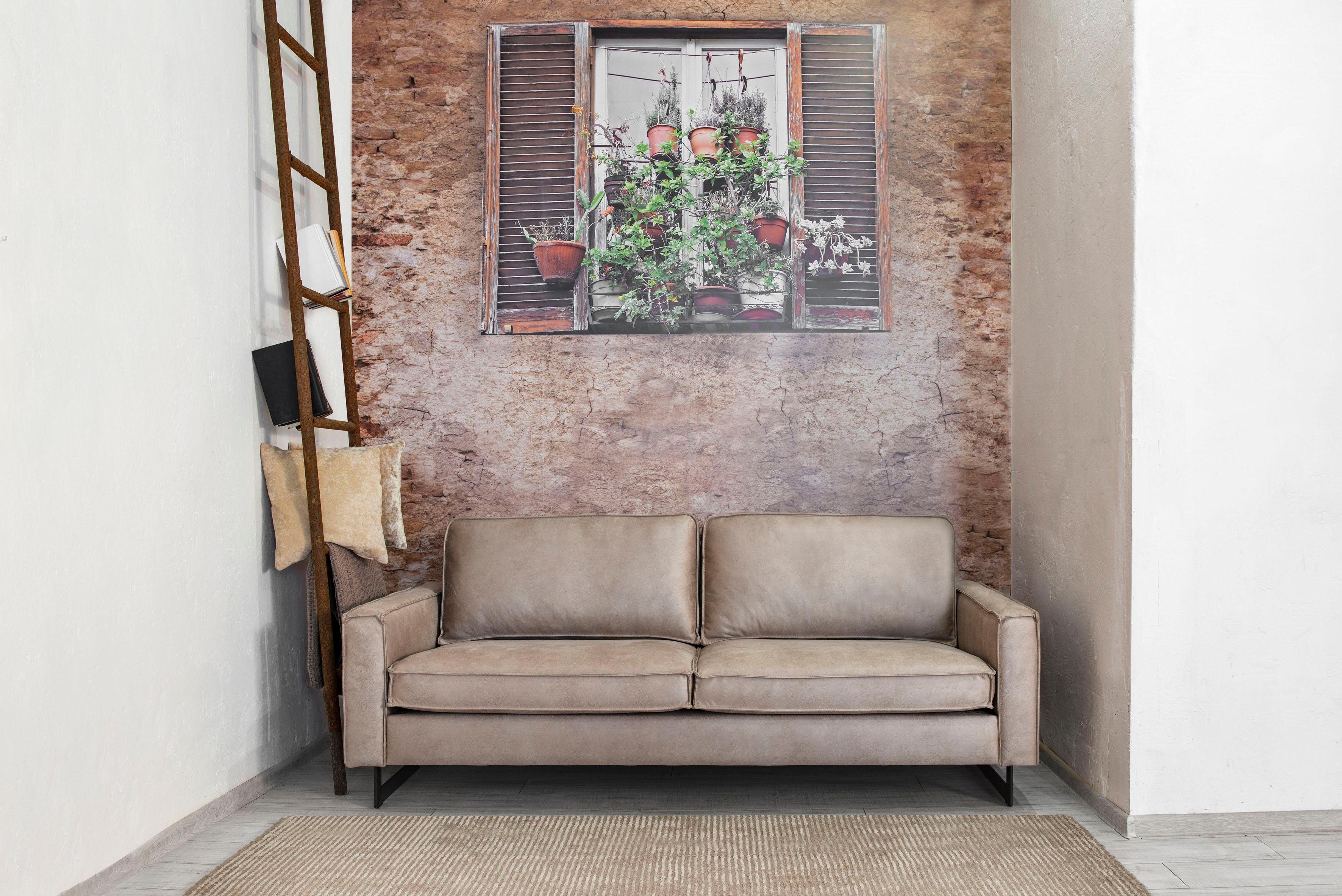 Places of Style 3-zitsbank Pinto, 206 cm, cord, chenille, leerlook met keder, zwarte metalen voeten, golfondersteuning