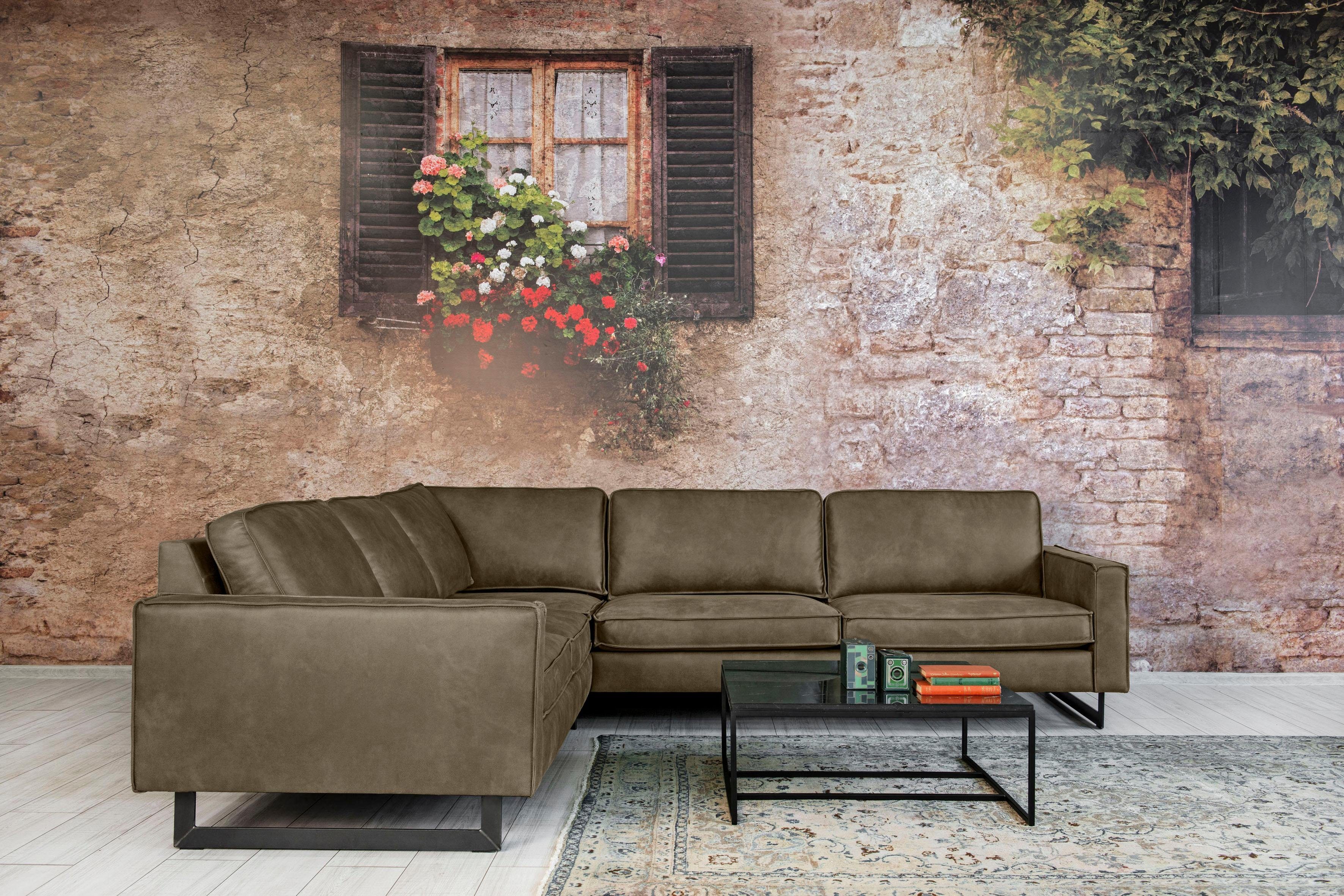 Places of Style Hoekbank Pinto, XXL, 250/290 cm, lange arm, ottomane Cord, chenille, leerlook, met bies, metalen voeten, golfondersteuning