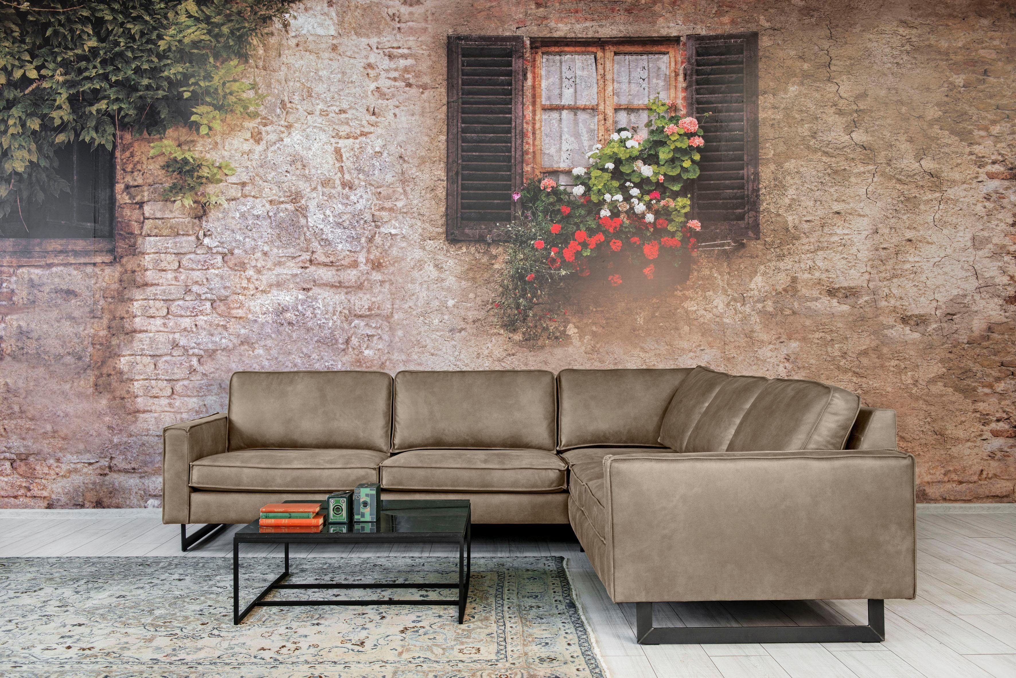 Places of Style Hoekbank Pinto, XXL, 250/290 cm, lange arm, ottomane Cord, chenille, leerlook, met bies, metalen voeten, golfondersteuning