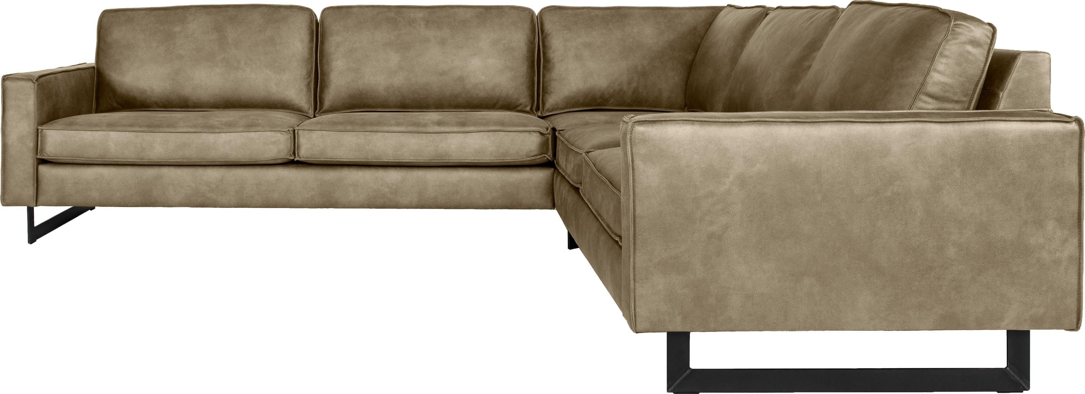 Places of Style Hoekbank Pinto, XXL, 250/290 cm, lange arm, ottomane Cord, chenille, leerlook, met bies, metalen voeten, golfondersteuning