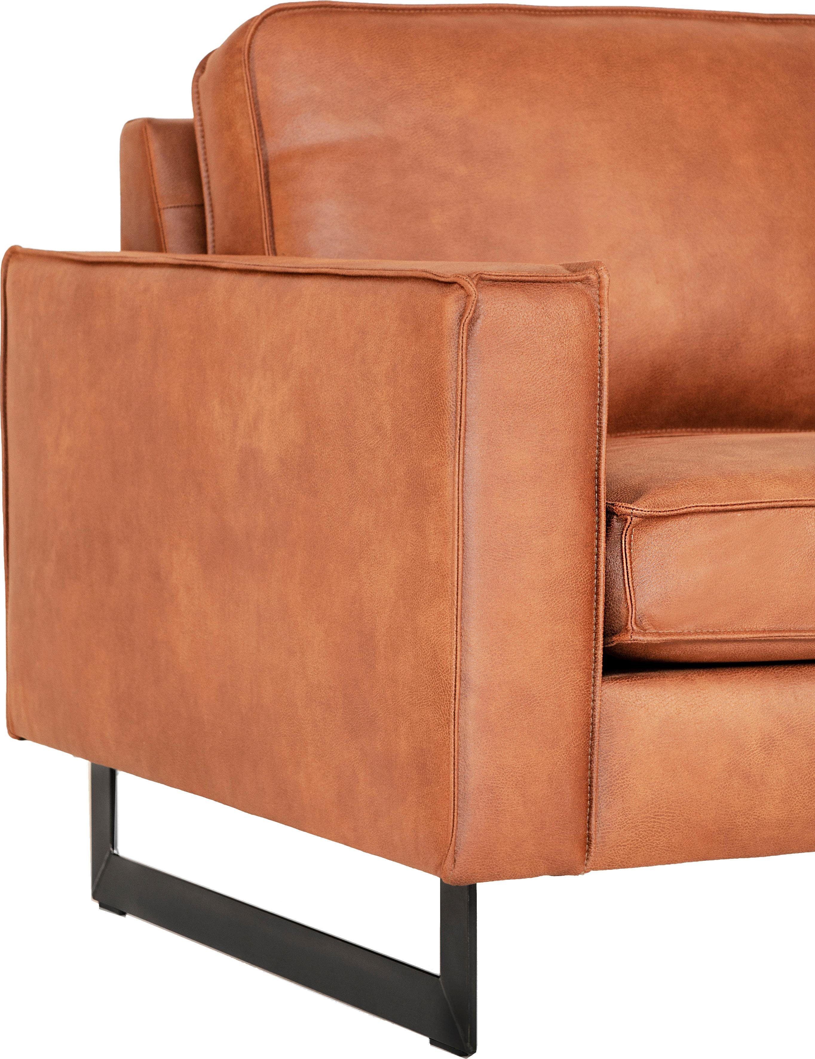 Places of Style 2-zitsbank Pinto, 166 cm, cord, chenille, leerlook met keder, zwarte metalen voeten, golfondersteuning