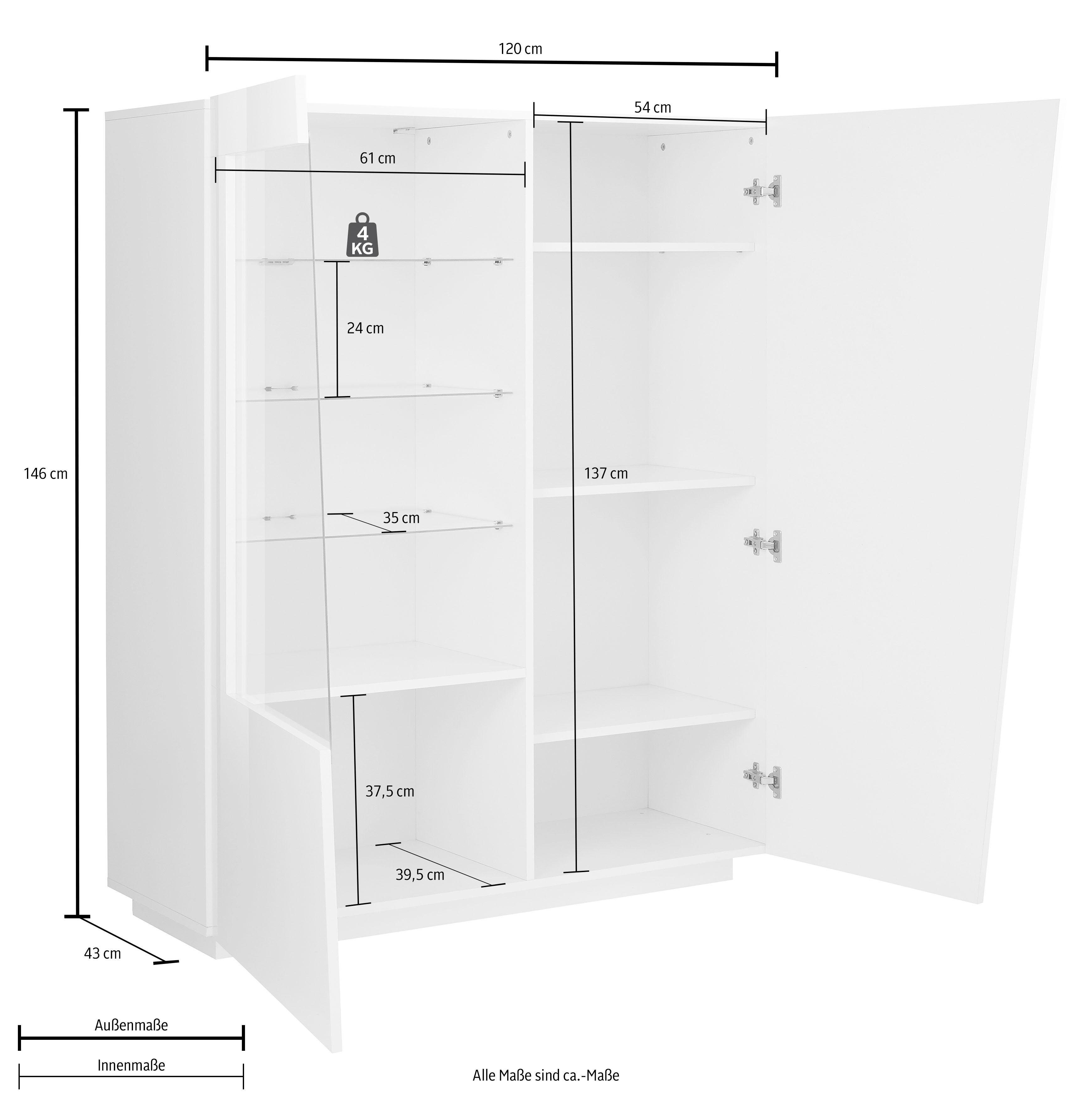 INOSIGN Highboard Vega, hoge kast, hoge kommode, kast met 2 deuren met glazen inzet, hoogte 146 cm