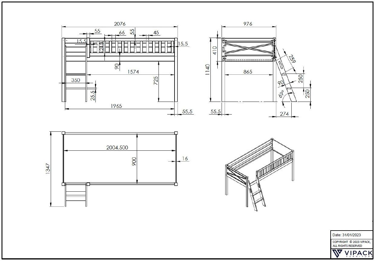 Vipack Hoogslaper Scott met schuine ladder, ligoppervlak 90 x 200 cm, doek, tunnel, 4 designs