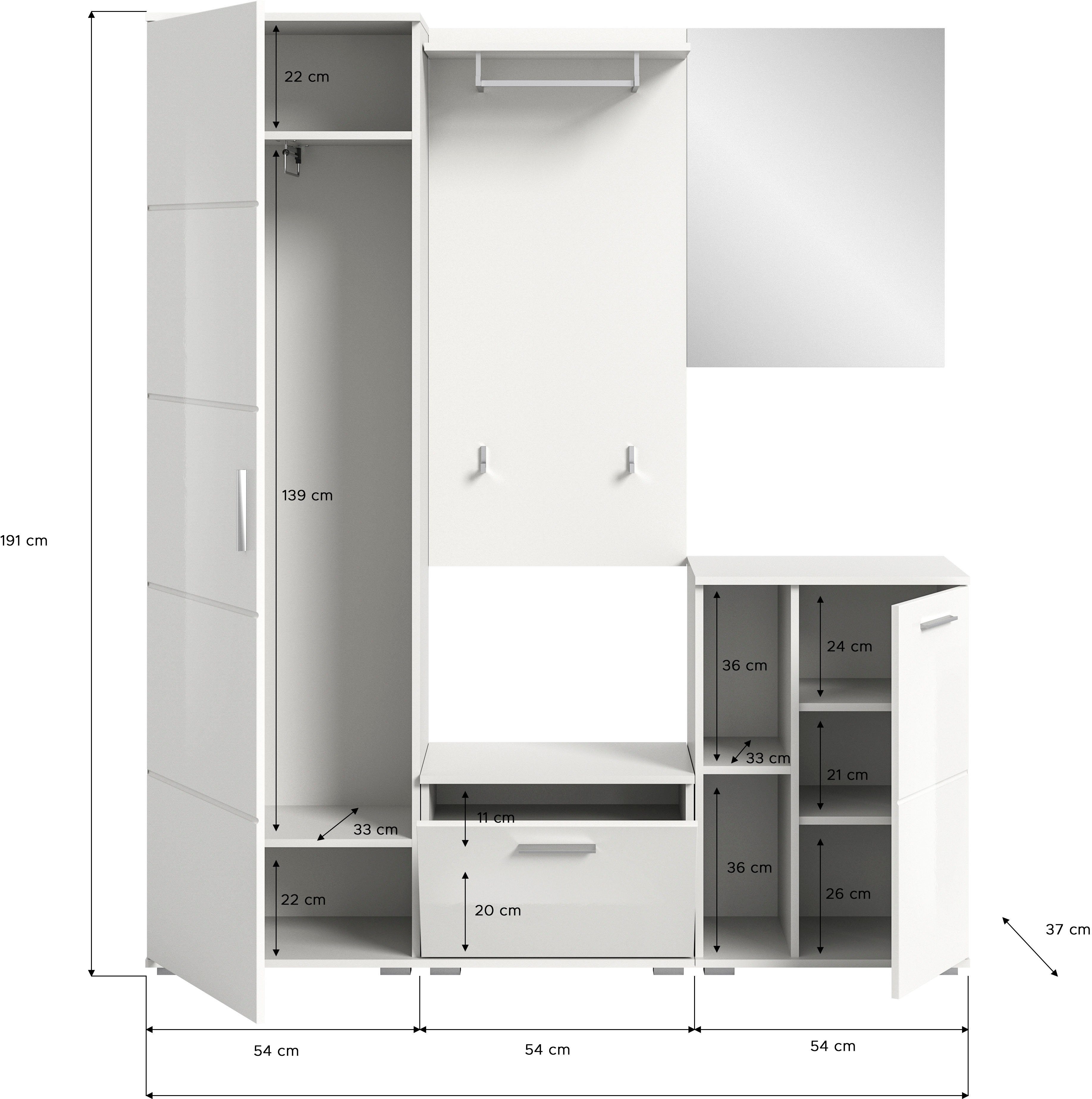 INOSIGN Halmeubelset Valge, Breedte 165 cm, 5-delig Set, bestaande uit: Garderobekast, zitbank, garderobe paneel, schoenenkast & spiegel (5-delig)