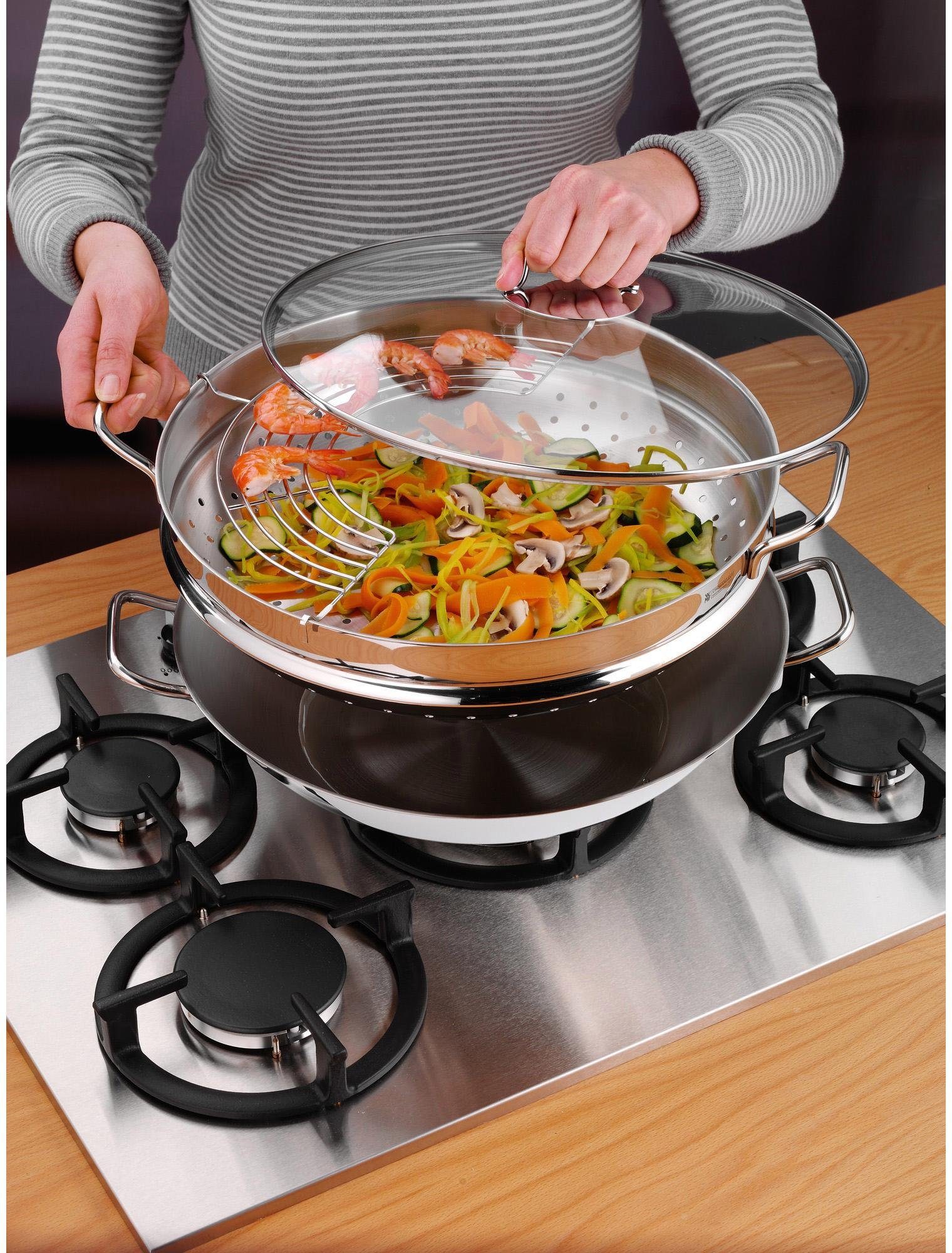 WMF Wok an Macao 36 cm, inductie geschikt voor alle soorten fornuizen, scherp aanbraden bij hoge temperaturen (set, 4-delig)
