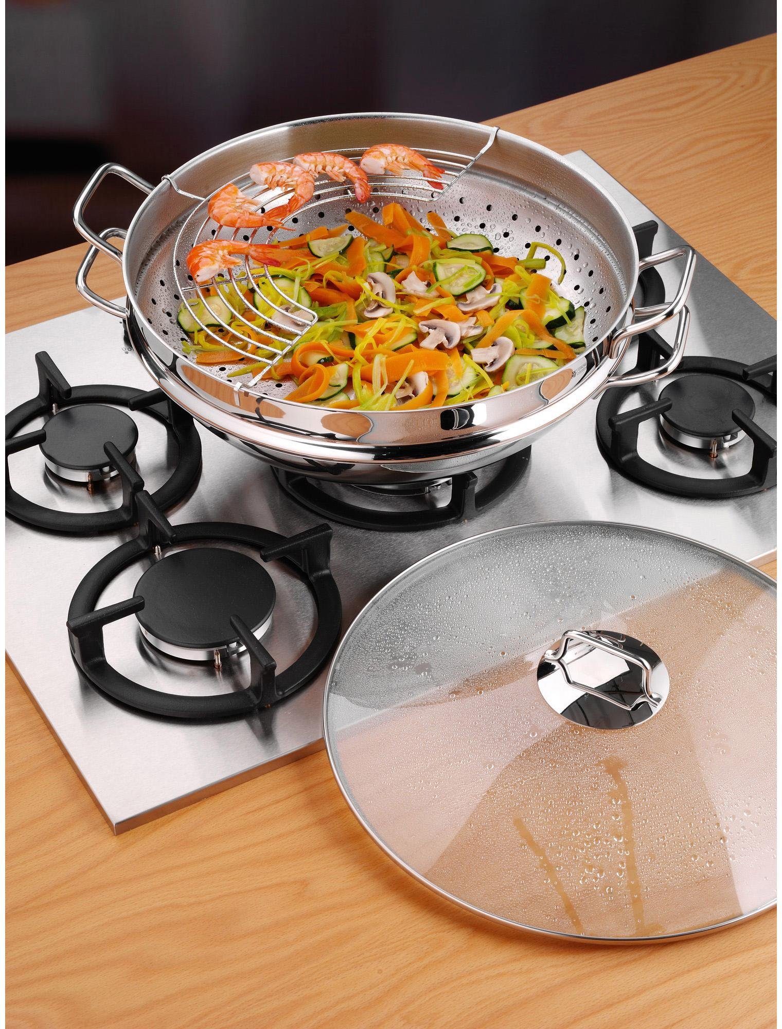 WMF Wok an Macao 36 cm, inductie geschikt voor alle soorten fornuizen, scherp aanbraden bij hoge temperaturen (set, 4-delig)