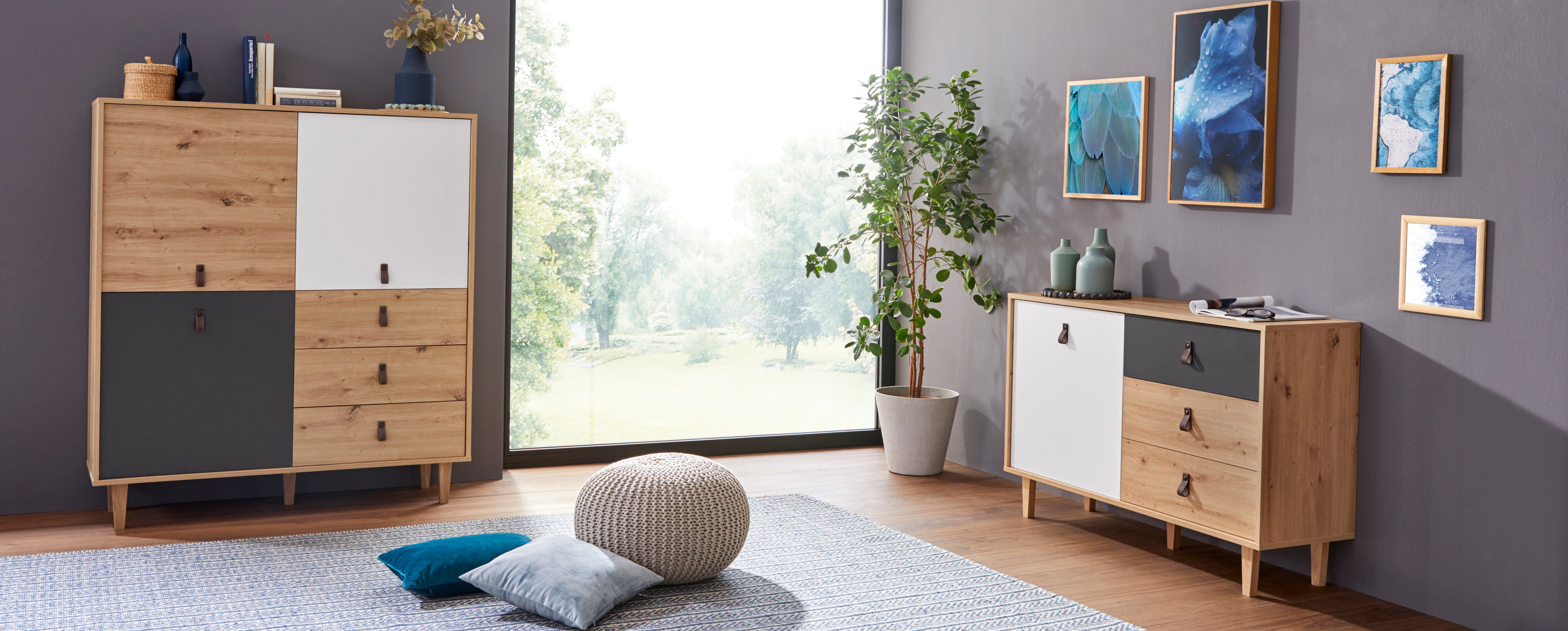 Homexperts Highboard BRISTOL , breedte 120 cm, hoogte 135 cm, met massief eiken poten