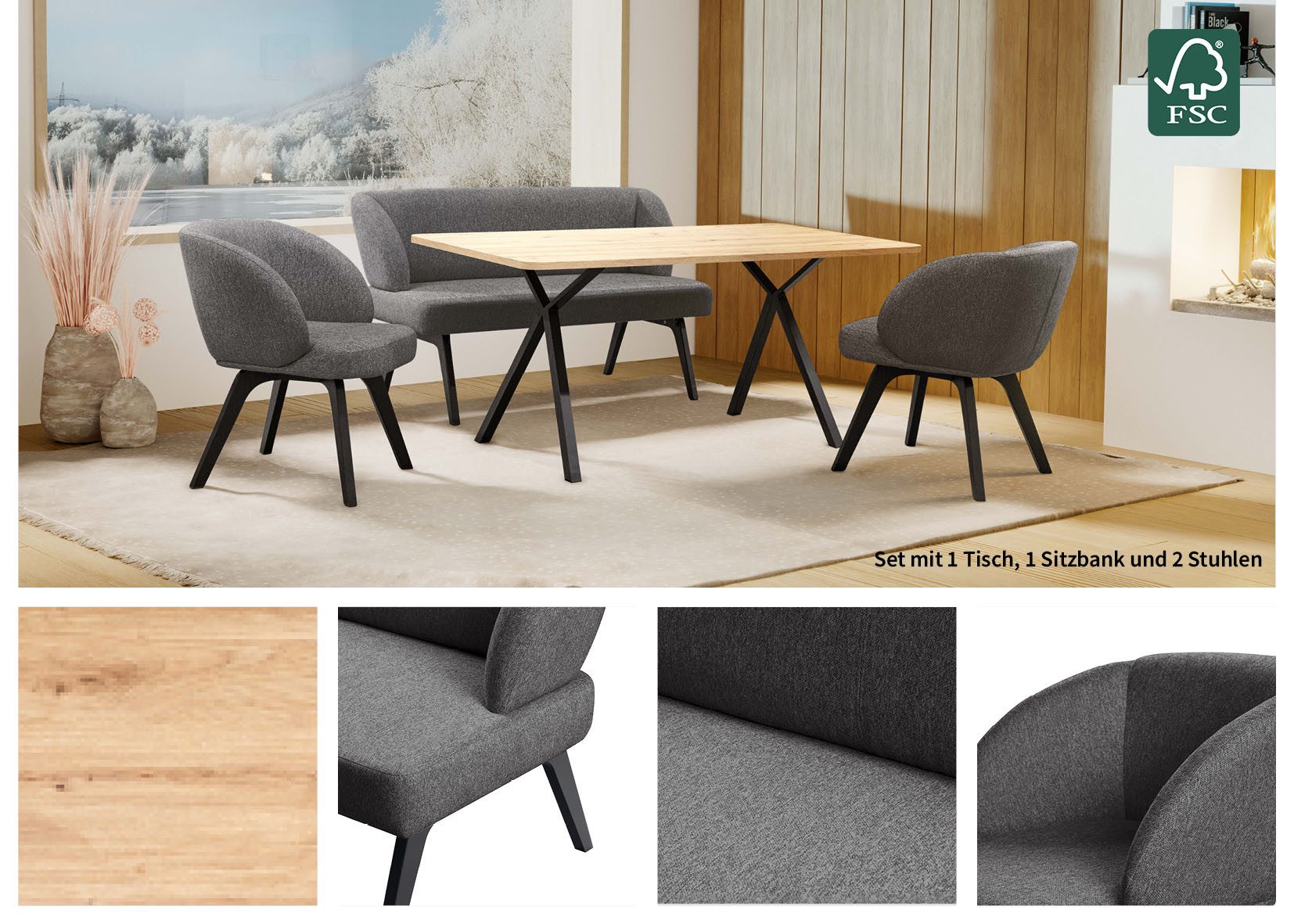 Home affaire Eethoek Aretha eettafelbank, zitgroep, keukenbank, gestoffeerde bank Eetkamer zitgroep, tafel, stoelen en bank gestoffeerd, Nosag-vering (4-delig)