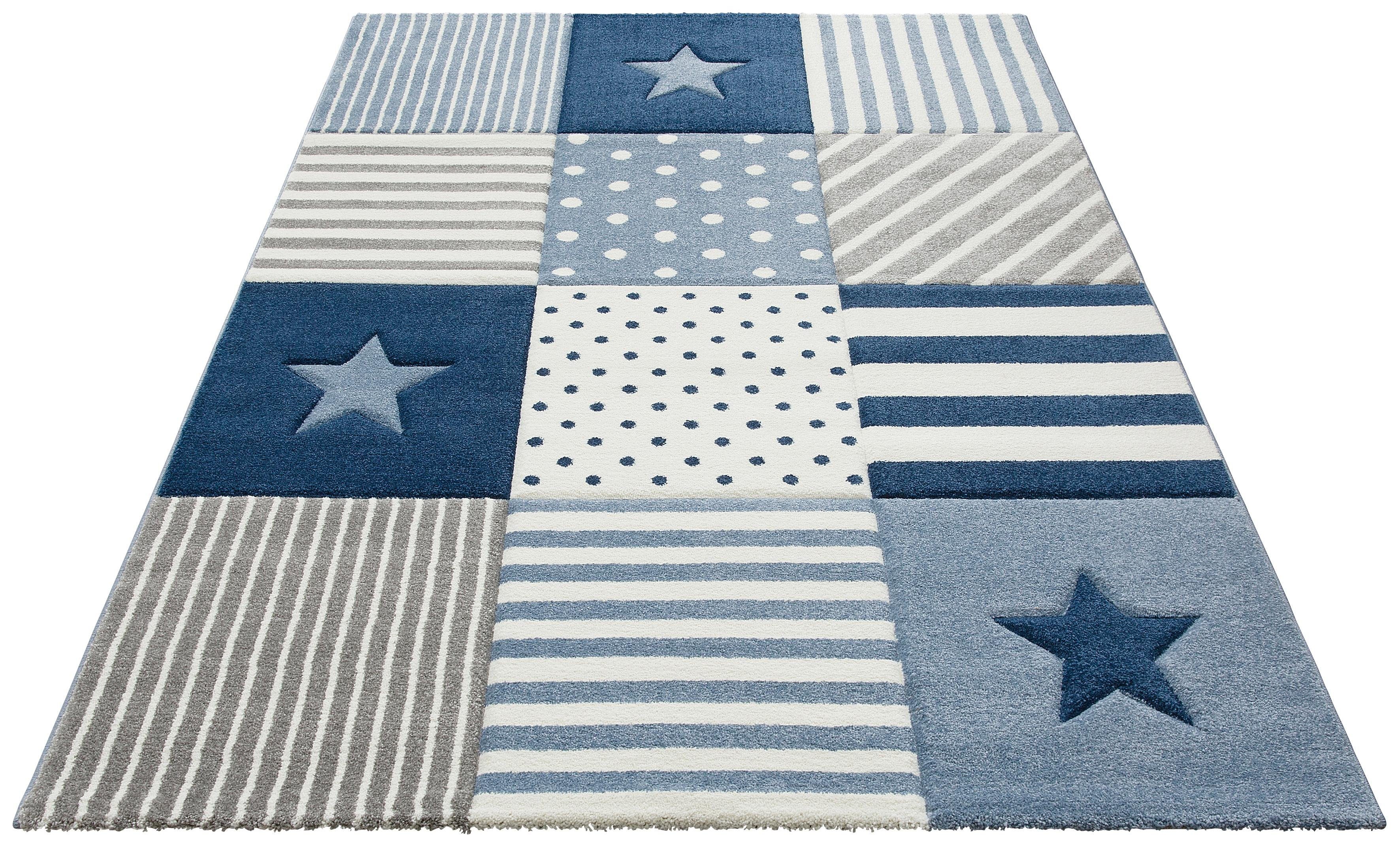 my home Kindervloerkleed Ster Korte pool, met de hand gesneden reliëfpatroon, patchwork, pastelkleuren speelkleden maat 80x150 cm blauw