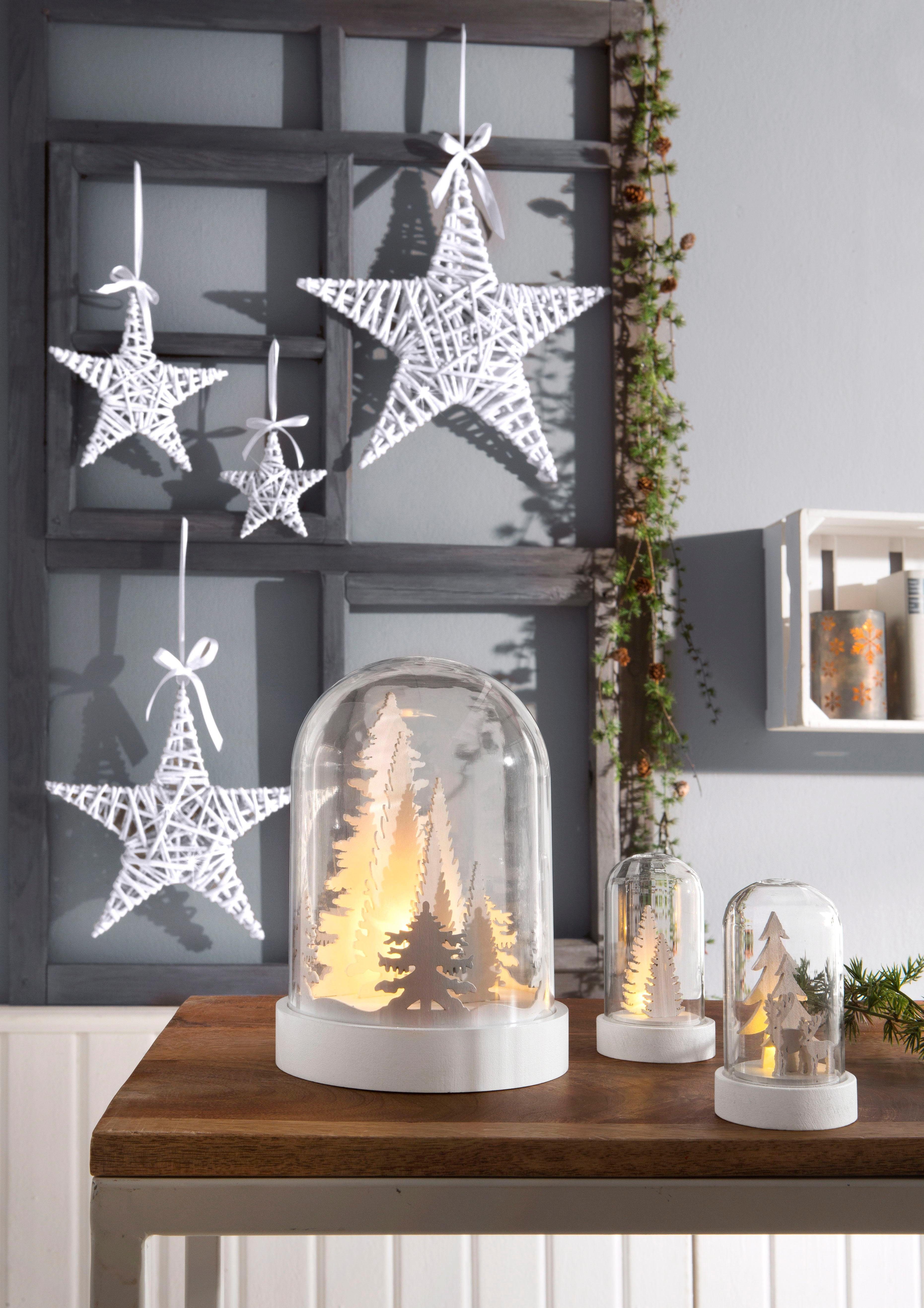 Creativ deco Sierster Kerstster, kerstversiering met satijnband, met een beetje zilverkleurige glitters (4 stuks)