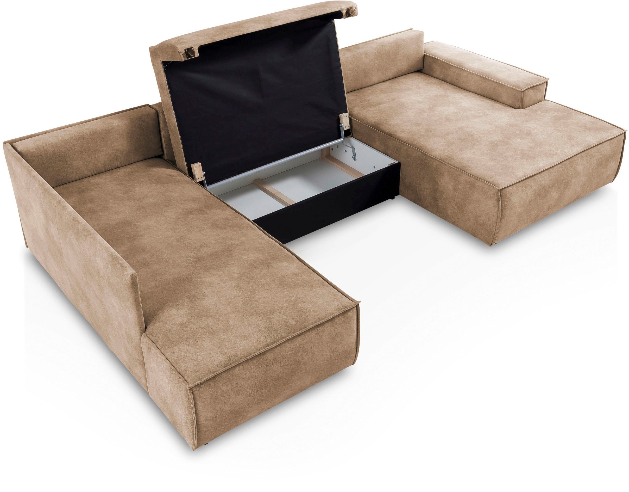 Home affaire Zithoek SHERWOOD 329 cm, U-vorm, slaapbank, Slaapfunctie met bedkist (194x139 cm), cord, vintage, fluweel