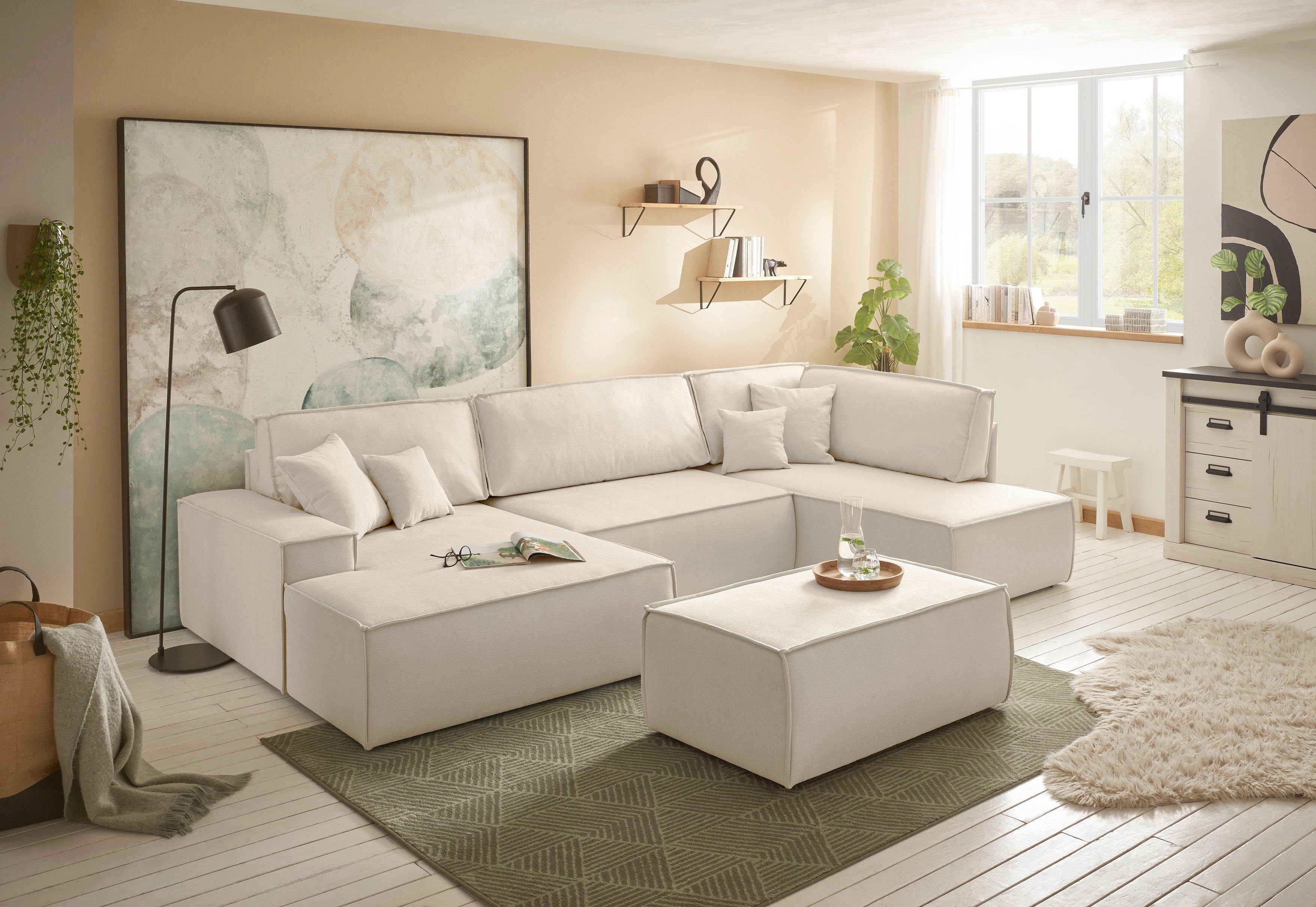andas Zithoek FINNLEY U-model XXL 329 cm, bedbank, slaapfunctie m. bedkist