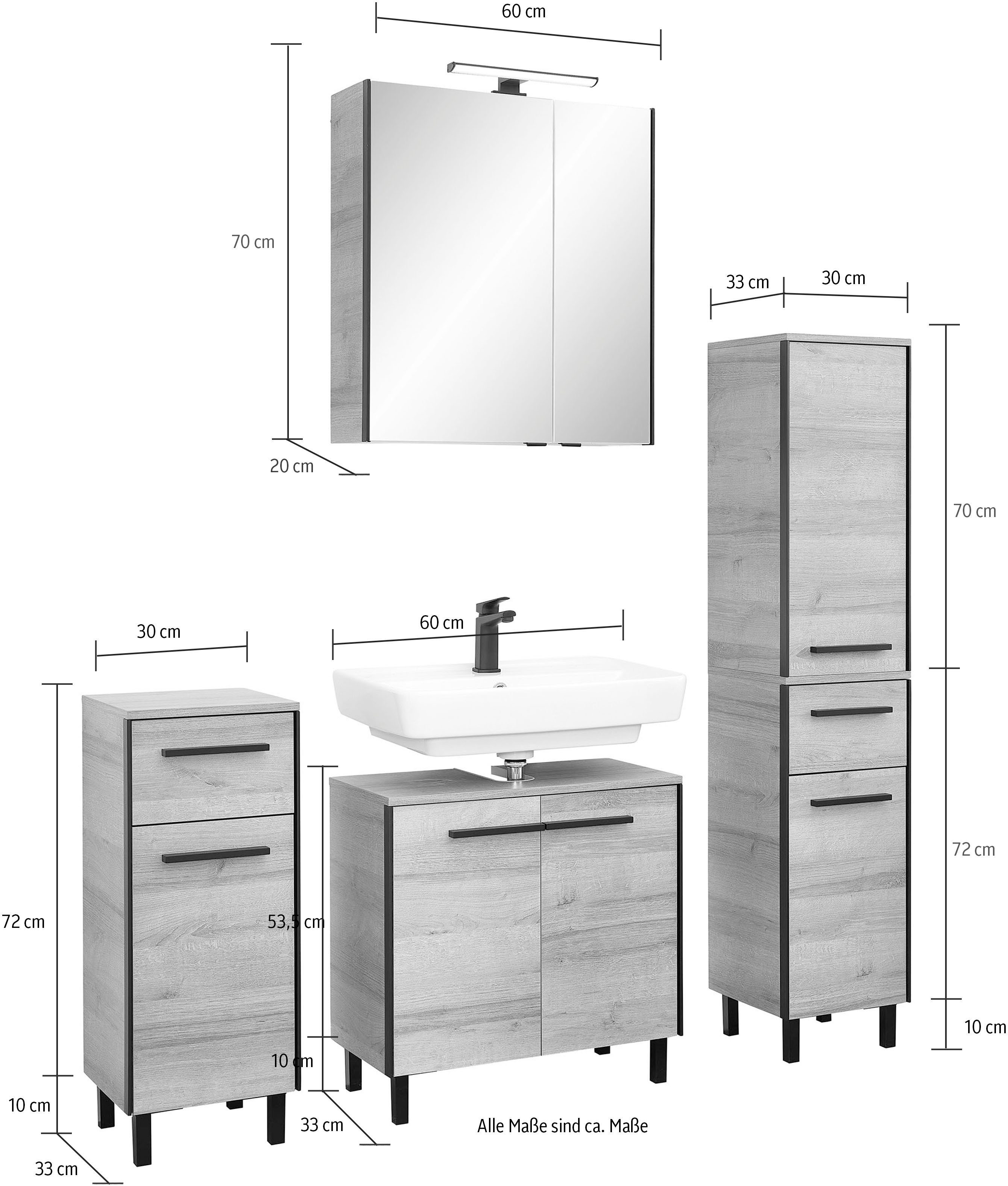 Saphir Badkamerserie Quickset 395 4-delig, wastafelonderkast met led-spiegelkast Onderkast, halfhoge kast, inclusief deurdemper, 7 deuren, 2 laden (5-delig)