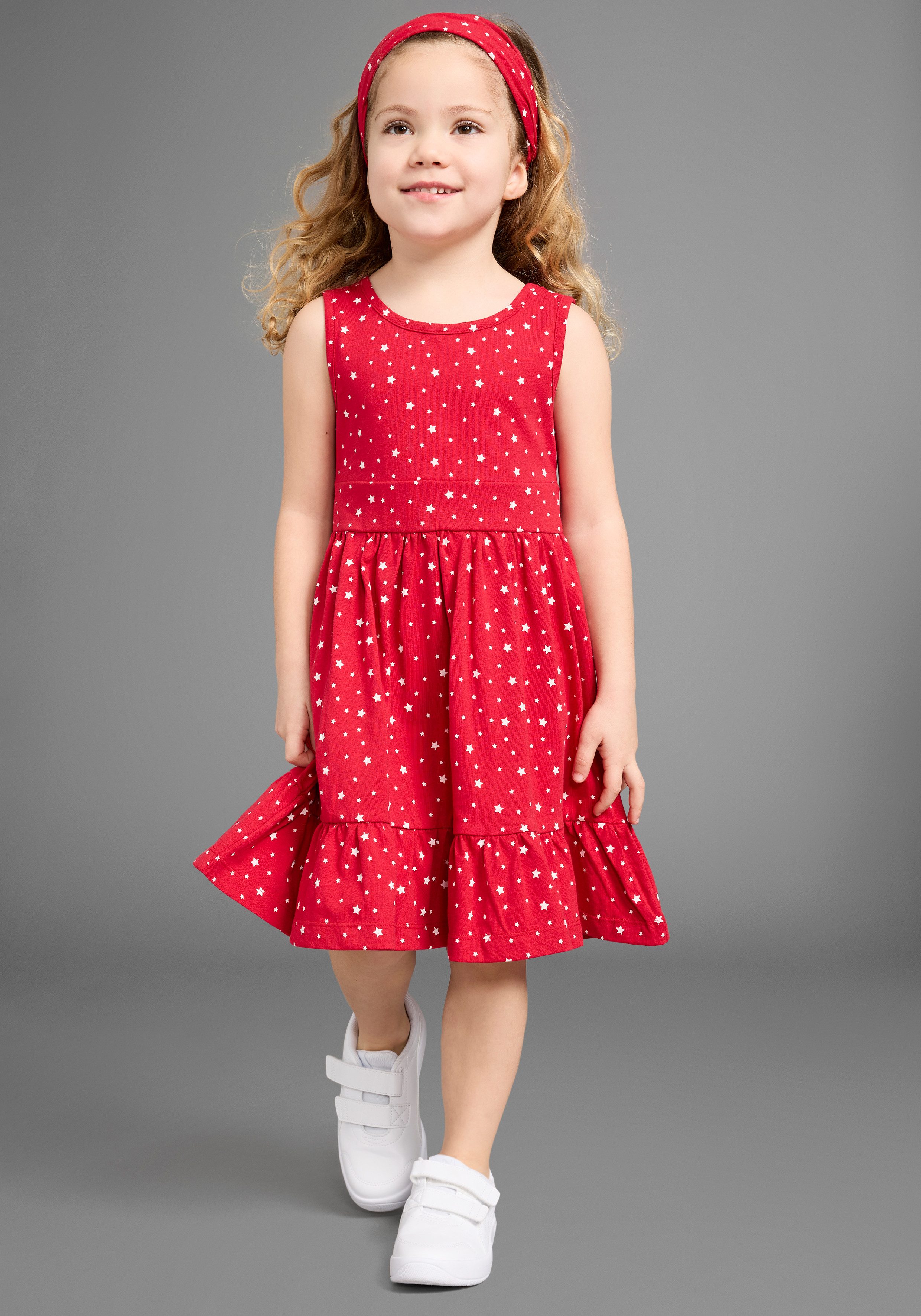 KIDSWORLD Jerseyjurk 2-delig shirtjurk + haarband in schattig sterren-allover feestelijke gelegenheden, knie-lange, speelse stijl, van katoen (set, 2-delig)