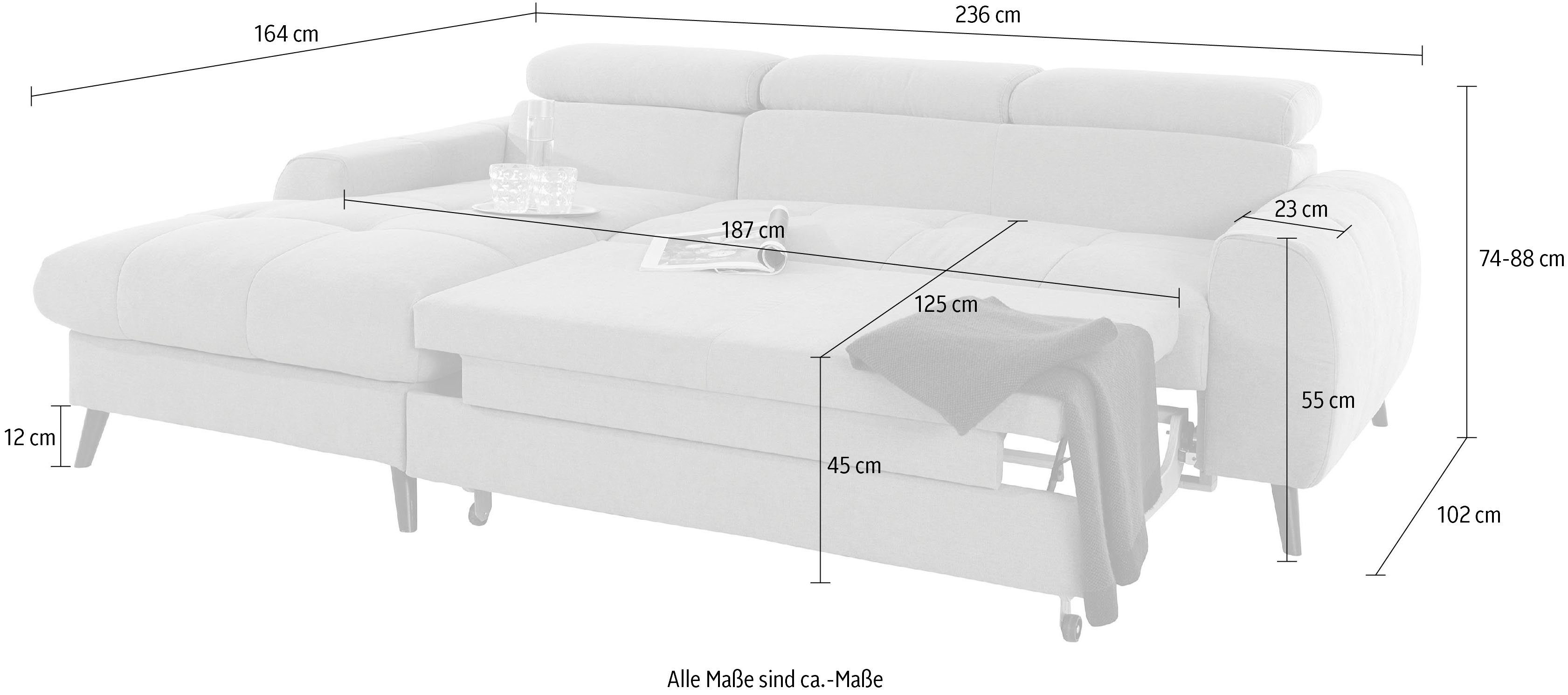 COTTA Hoekbank Mia L-vorm met 3 sierkussens keuze met bedfunctie, bedlade, verlichting & draadloze oplader