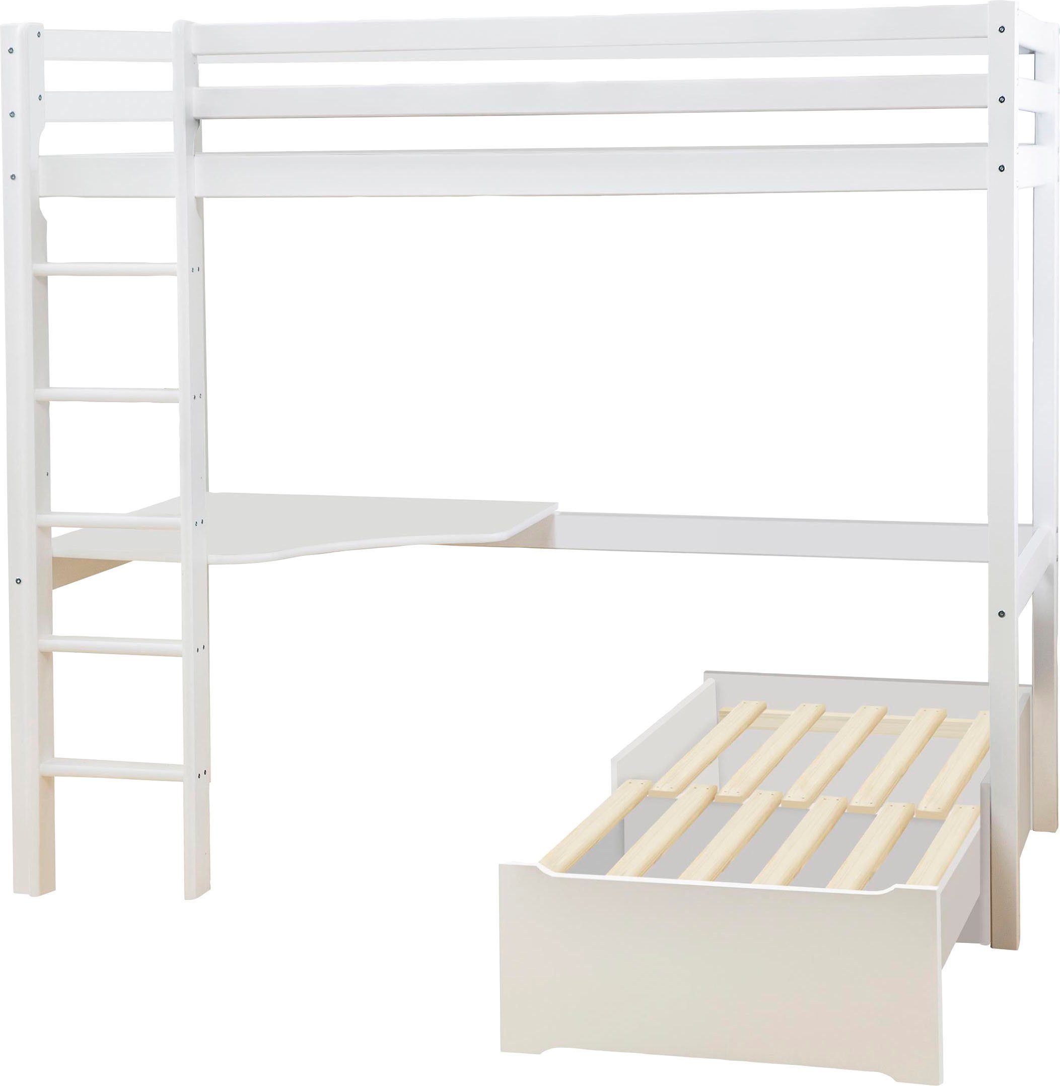 Hoppekids Hoogslaper ECO Dream 90x200 met bureau & loungebank / logeerbed Kinderbed van massief hout, bank uitschuifbaar tot logeerbed