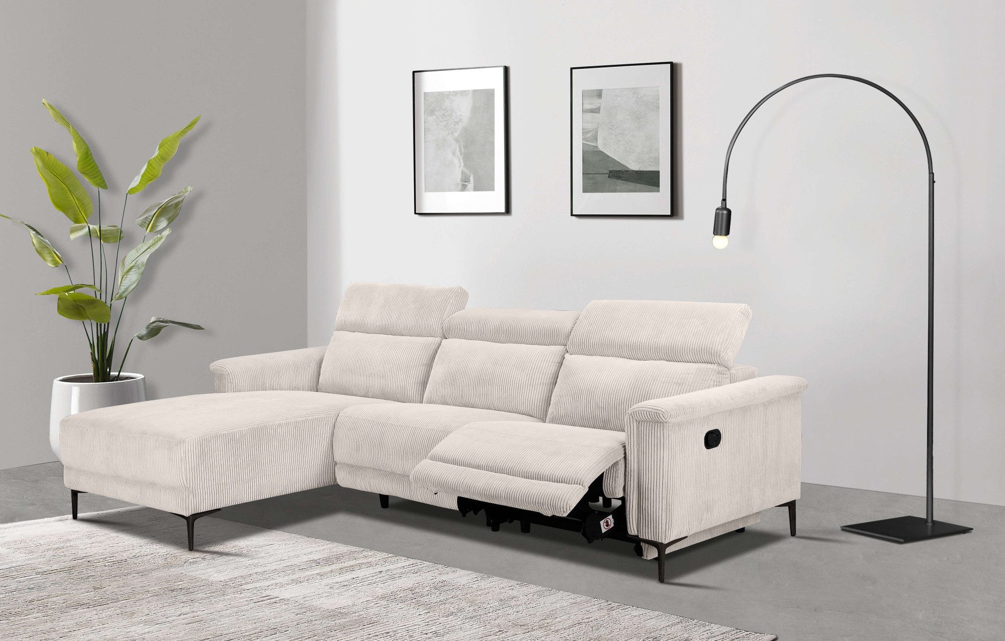 Places of Style Hoekbank Lund in cord, L-vorm, 261 cm, handmatige en elektrische relaxfunctie