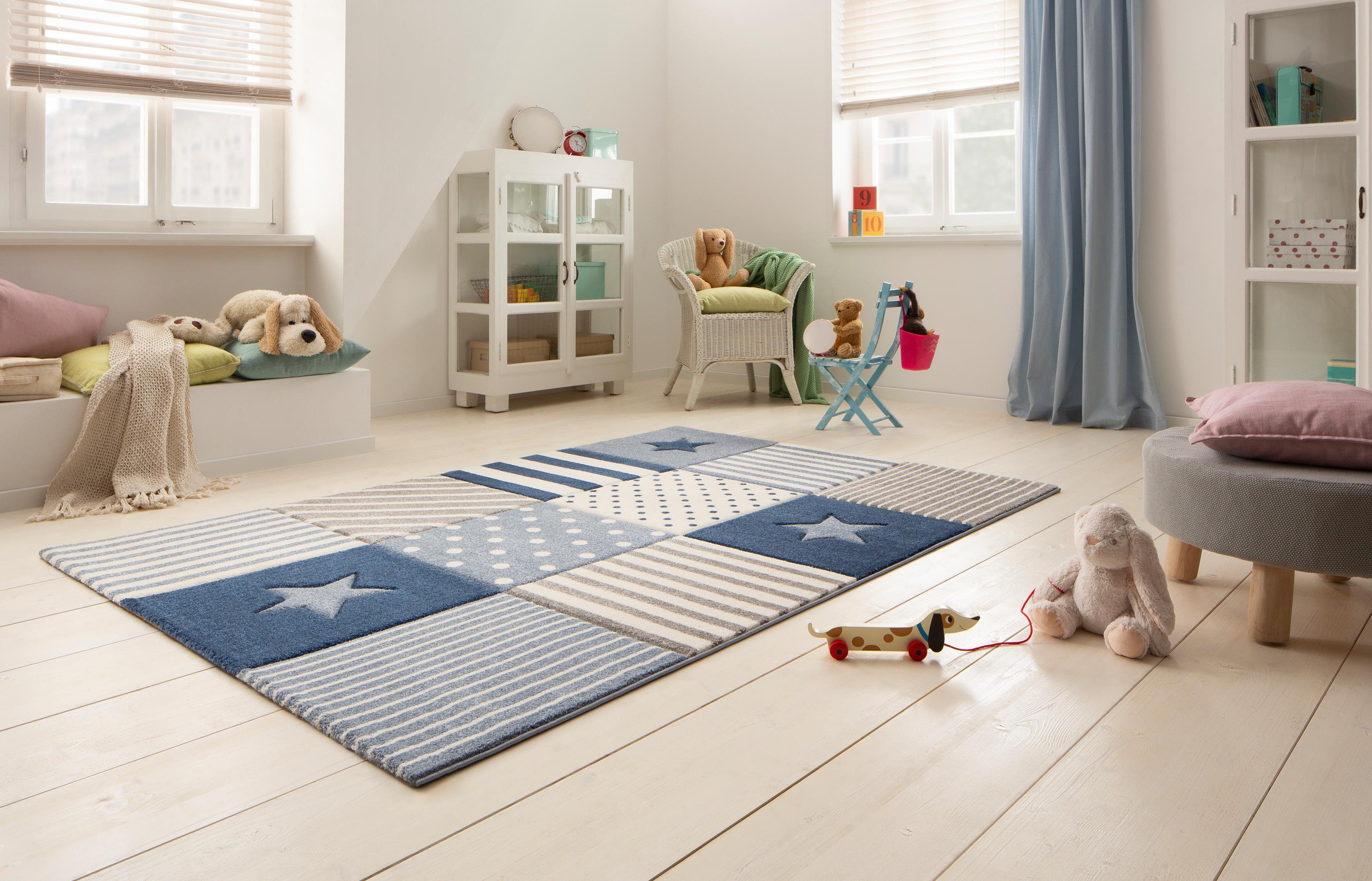 my home Kindervloerkleed Ster Korte pool, met de hand gesneden reliëfpatroon, patchwork, pastelkleuren