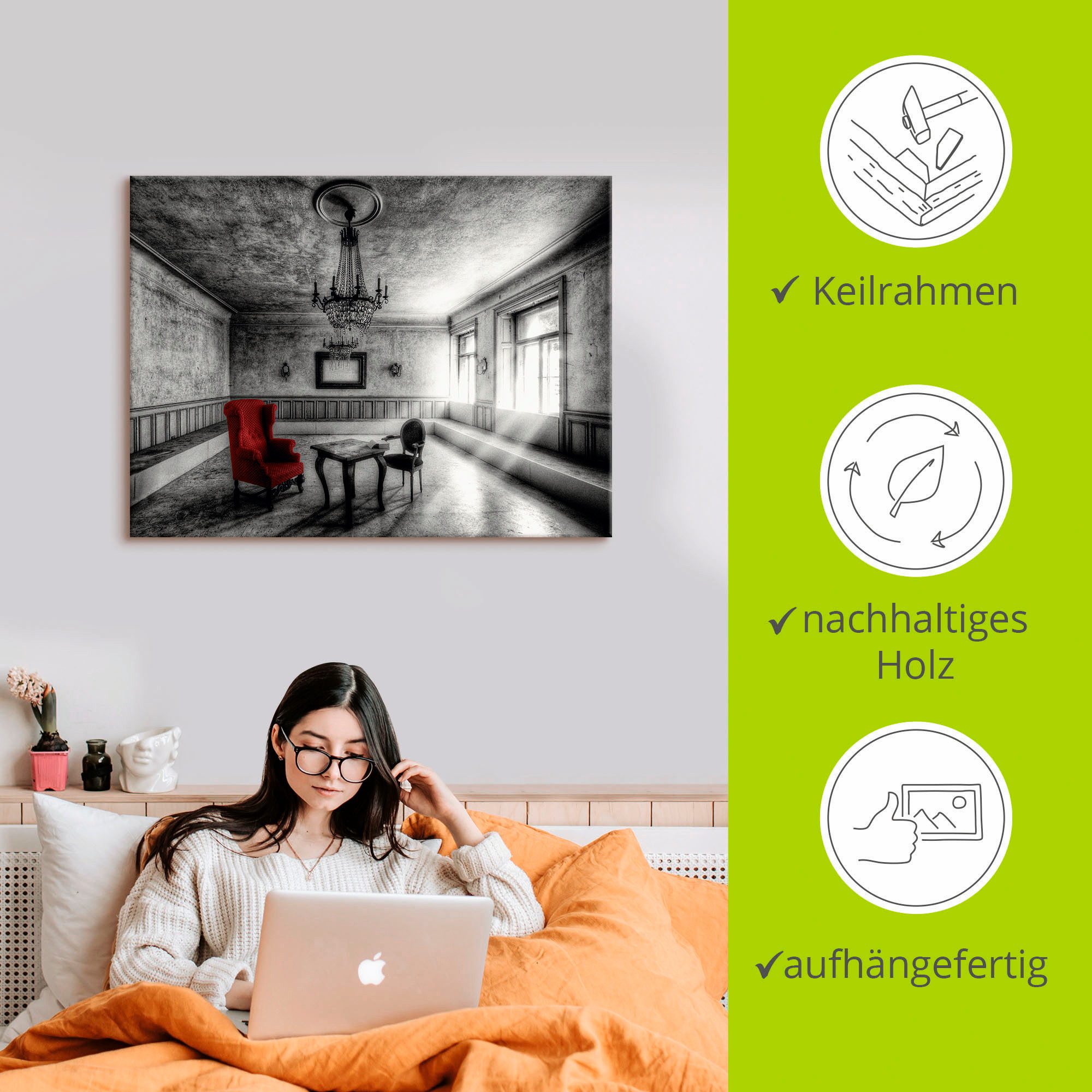 Artland Artprint Lost Place - rode fauteuil als artprint van aluminium, artprint voor buiten, artprint op linnen, poster, muursticker