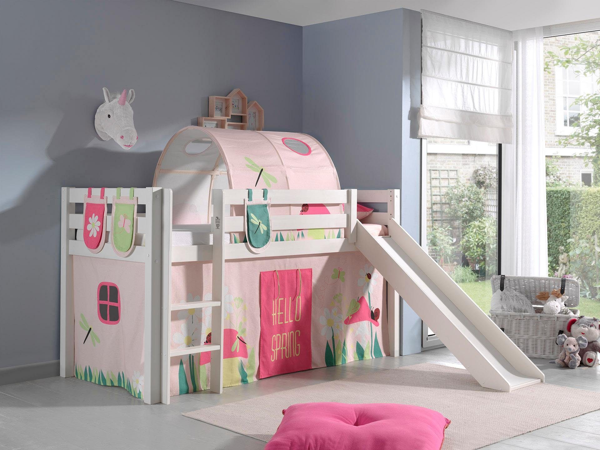 Vipack Hoogslaper PINO Massief hout, textielset 'Spring', naar keuze met glijbaan en bedtunnel hoogslapers maat 218 cm x 210 cm x 214 cm wit