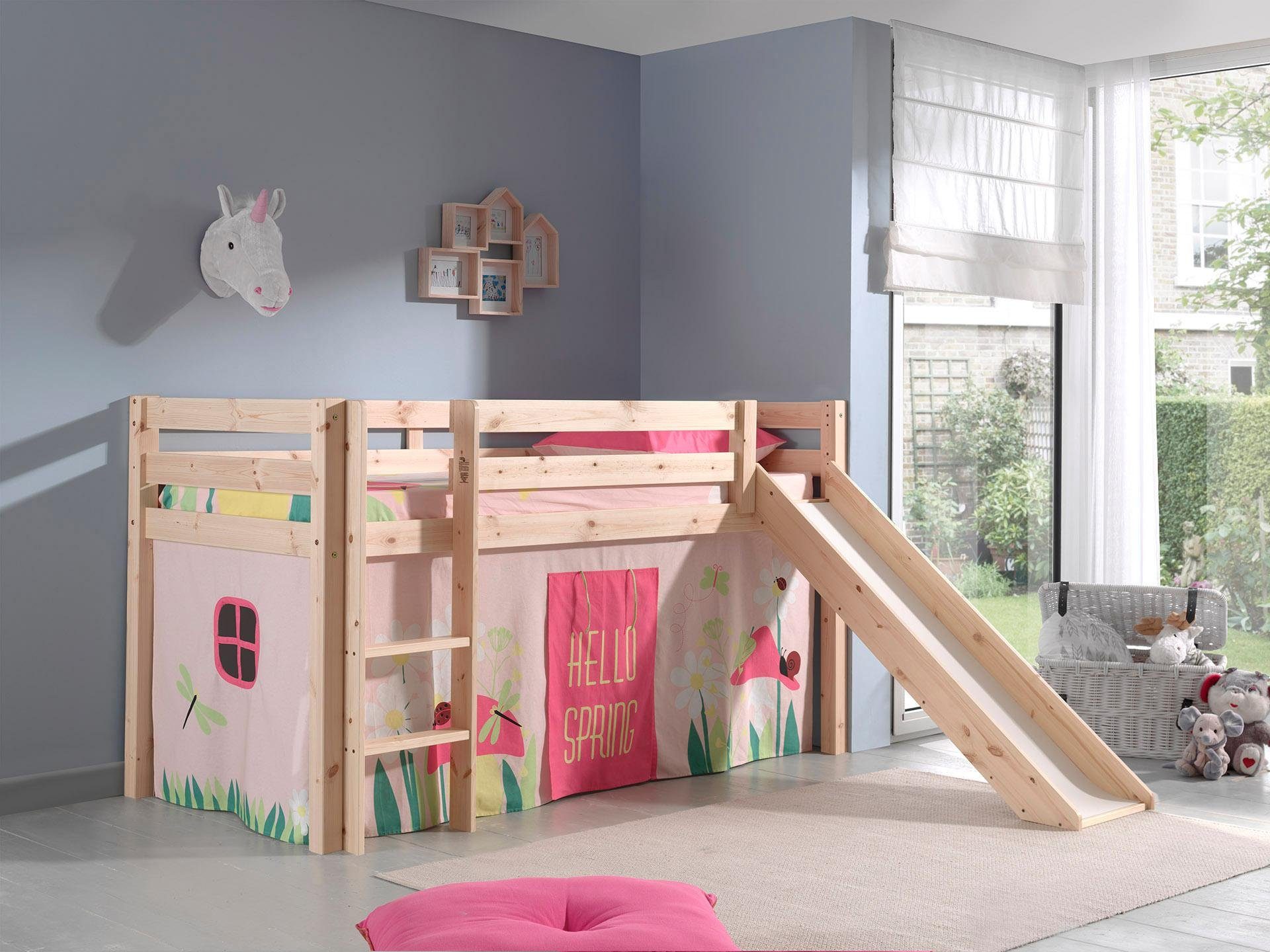 Vipack Hoogslaper PINO Massief hout, textielset 'Spring', naar keuze met glijbaan en bedtunnel