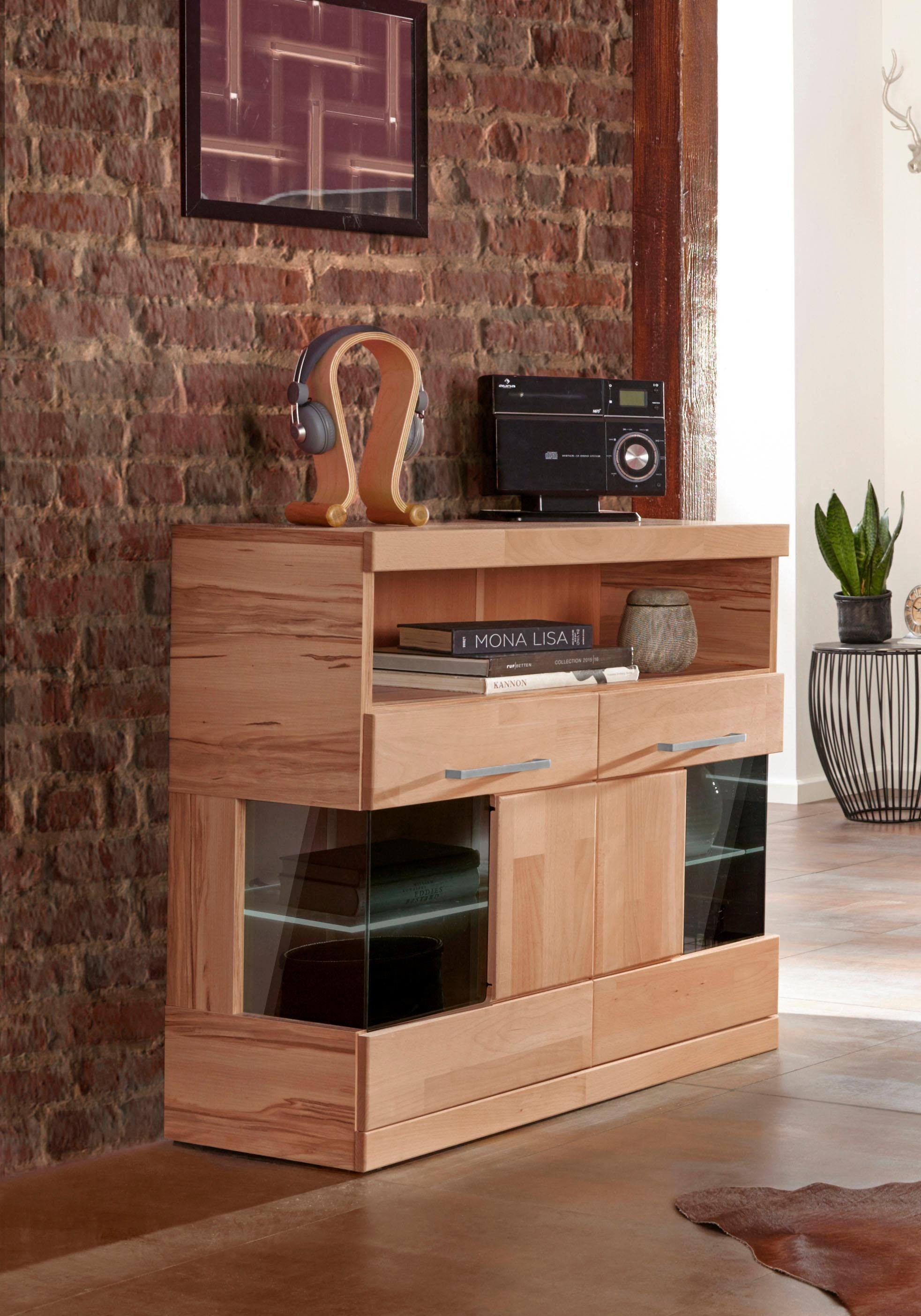 Home affaire Kast Ribe 85cm breed, 35 cm diep, fronten massief hout, 2 deuren met glazen inzet dressoirs maat 85x35x80 cm beige