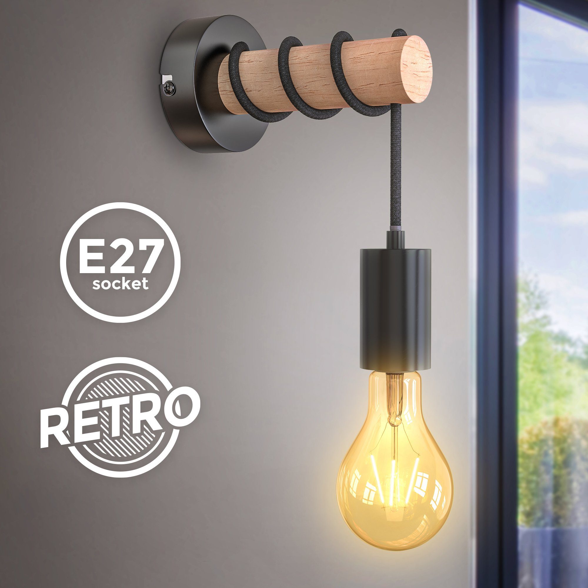 B.K.Licht Wandlamp Wandlamp, 1-vlamig, vintage, industrieel ontwerp, retro, staal, hout