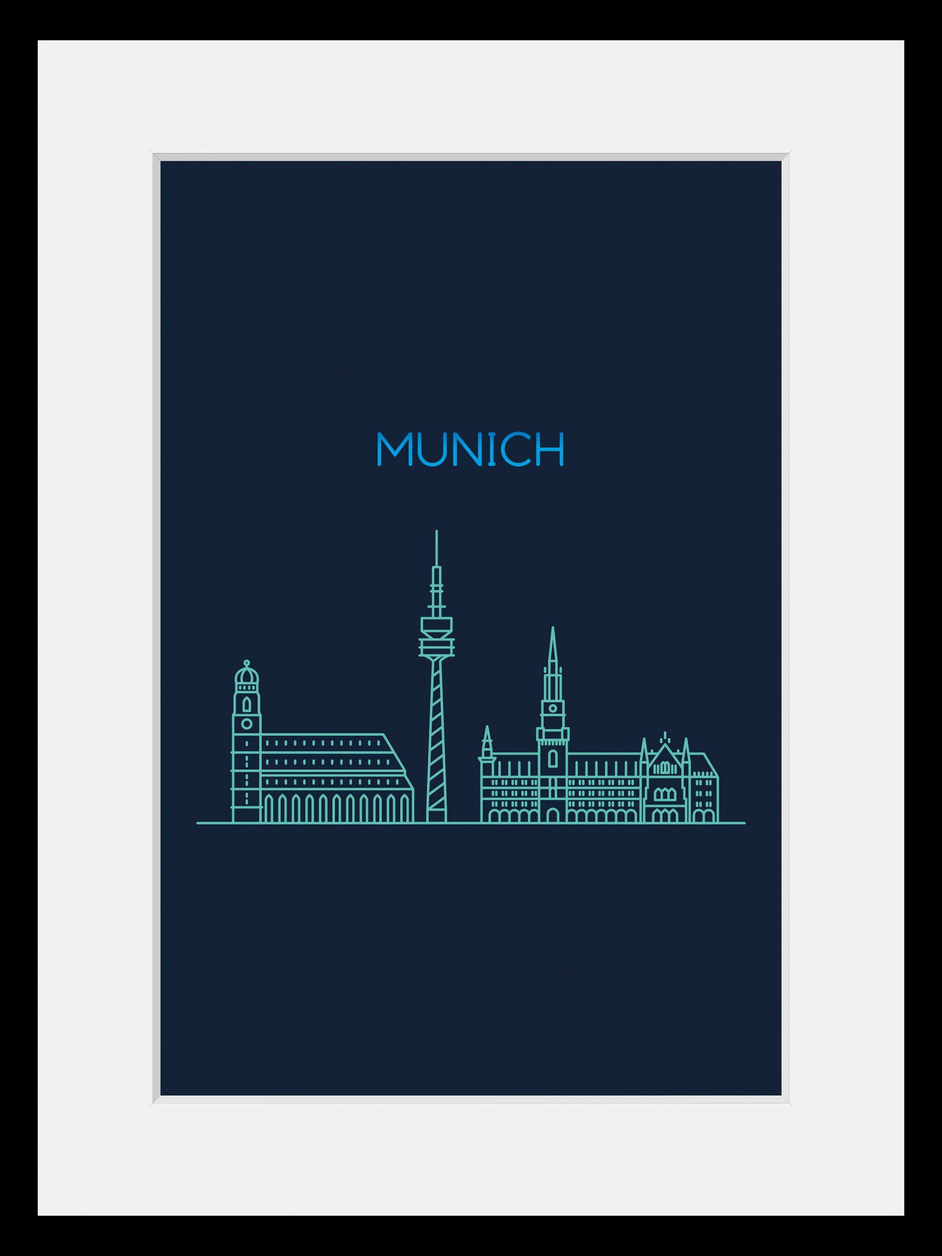 queence Wanddecoratie Munich sightseeing HD premium posterdruk incl. houten lijst (1 stuk)