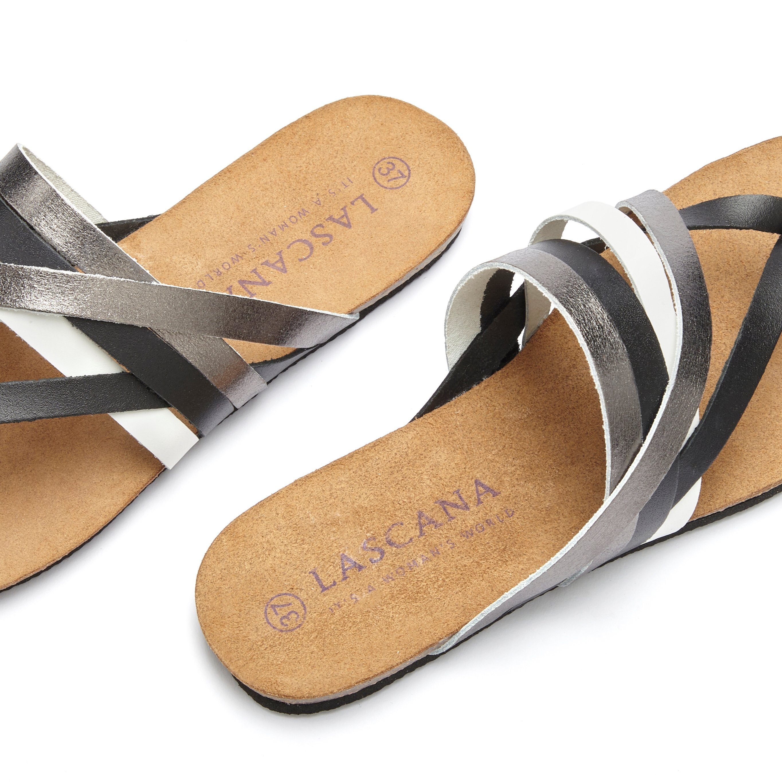 Lascana Teenslippers Sandaal, pantoletten van leer met kurken voetbed
