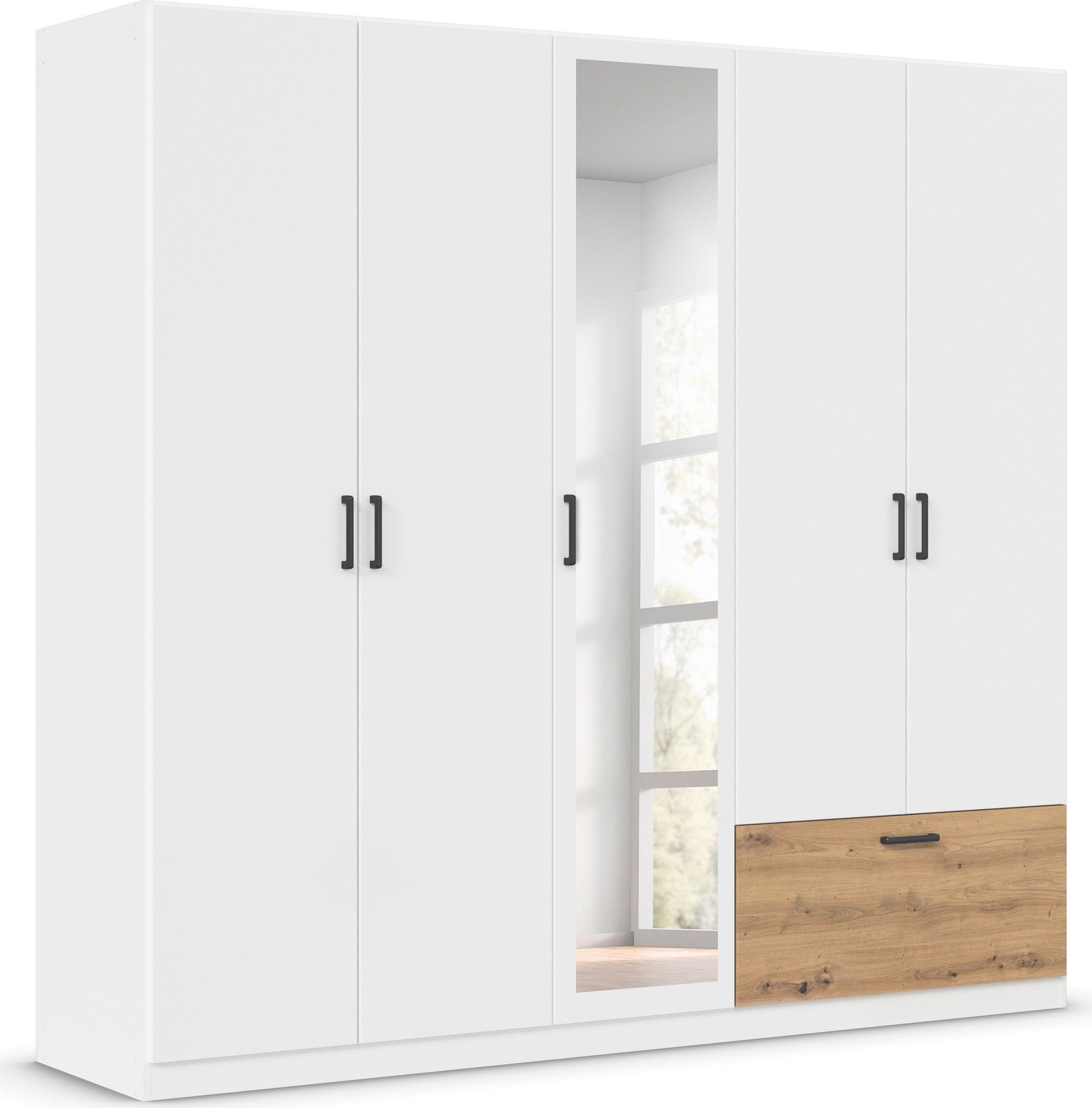 rauch Draaideurkast Kledingkast kast garderobe waskast BARI met spiegel met lades aan de buitenkant, moderne greep in grijs metallic made in germany
