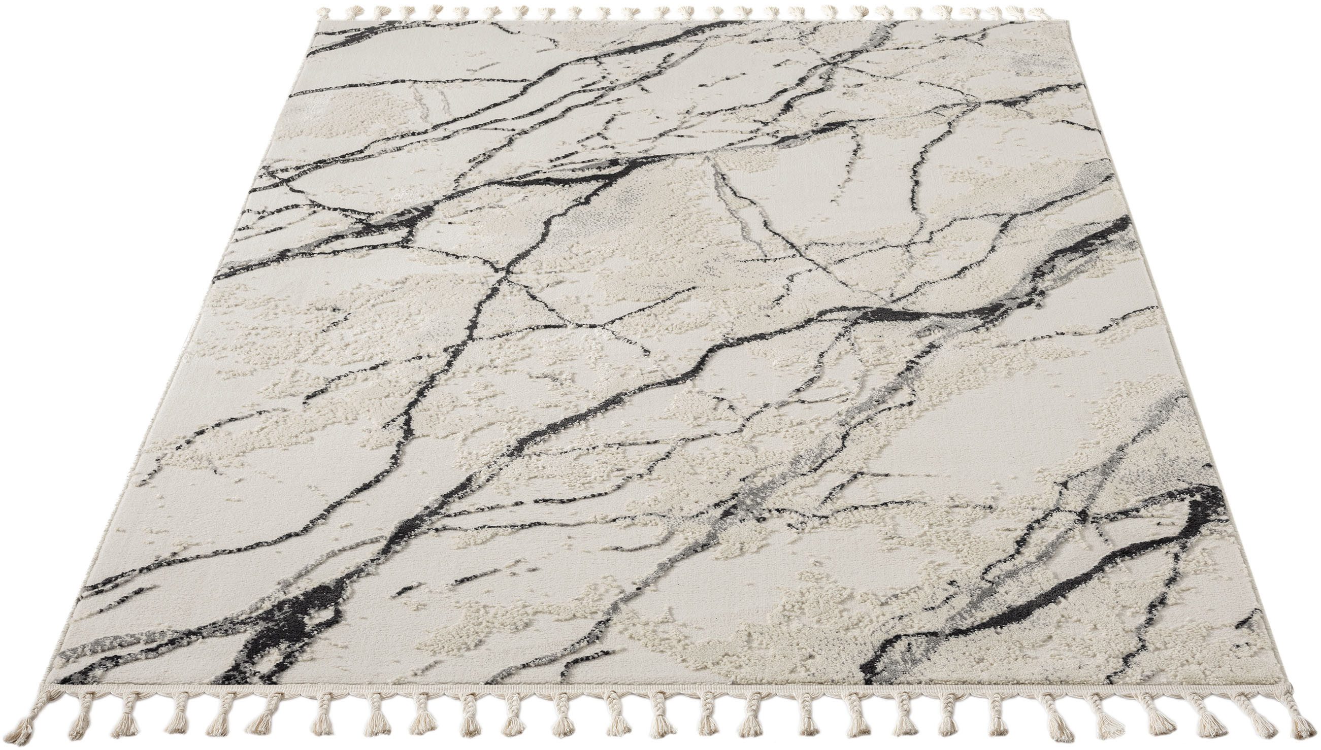 my home Vloerkleed Zoe, Hoog-Laag-Structuur met franjes, modern marmerdesign, woonkamer, slaapkamer,