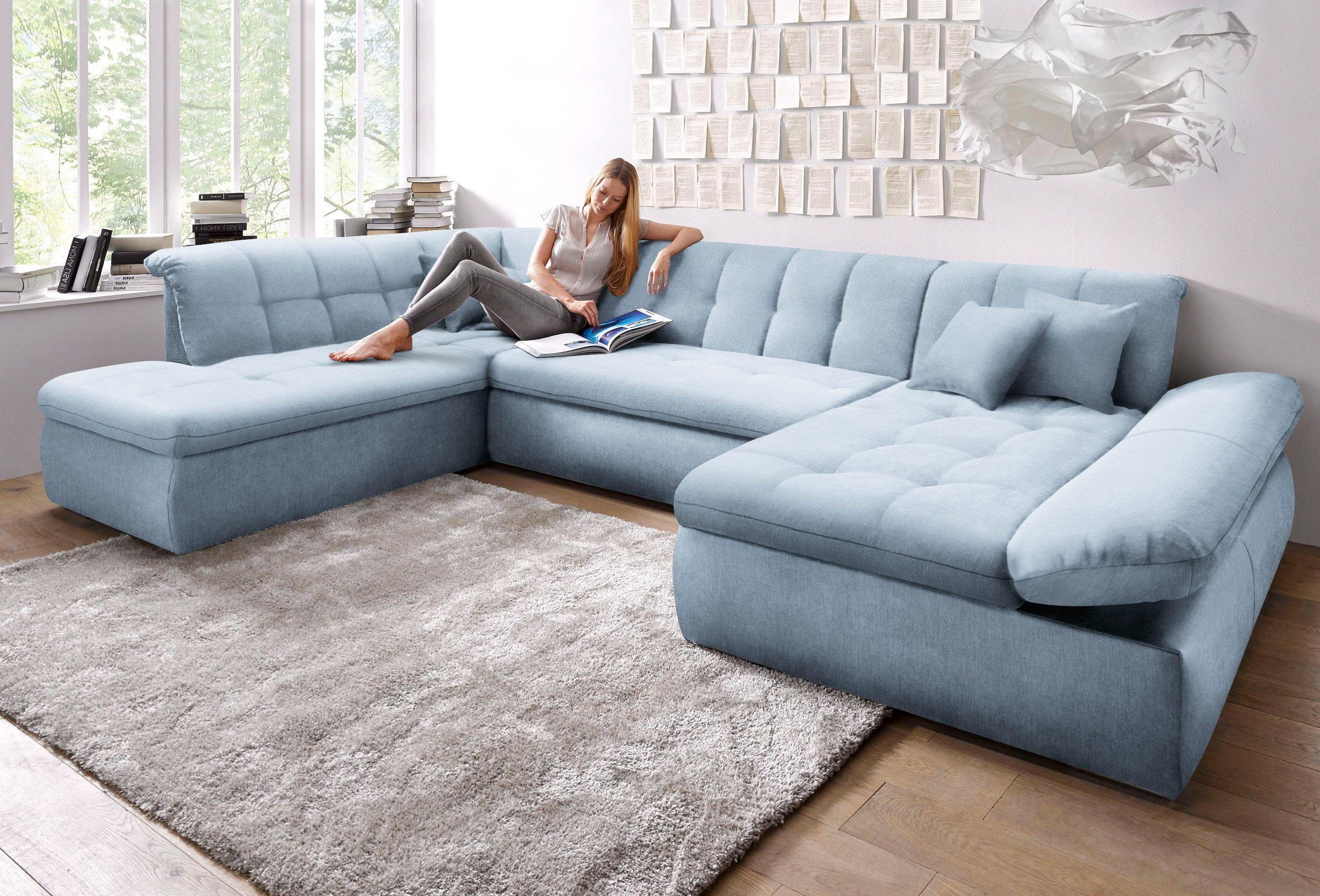 DOMO collection Zithoek NMoric in XXL-formaat, B/D/H: 353/216/80 cm, incl. decoratiekussen U-vorm blauw, zithoeken, Ottomane links, Met verstelbare