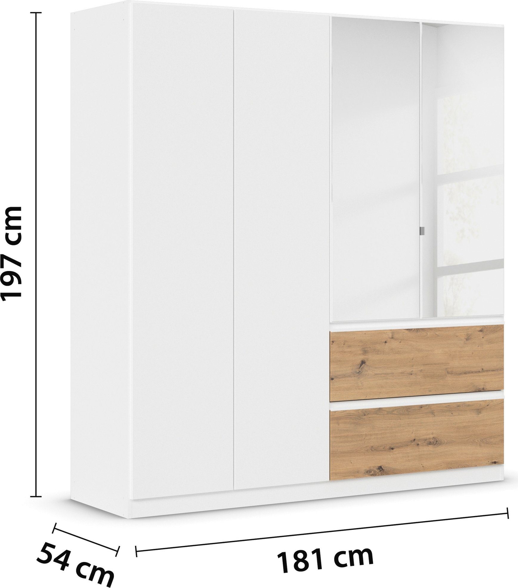 rauch Draaideurkast Kledingkast Kast Garderobe Wasmand COSTA in 3 Breedtes met spiegel, greeploos front en push-to-open functie made in germany