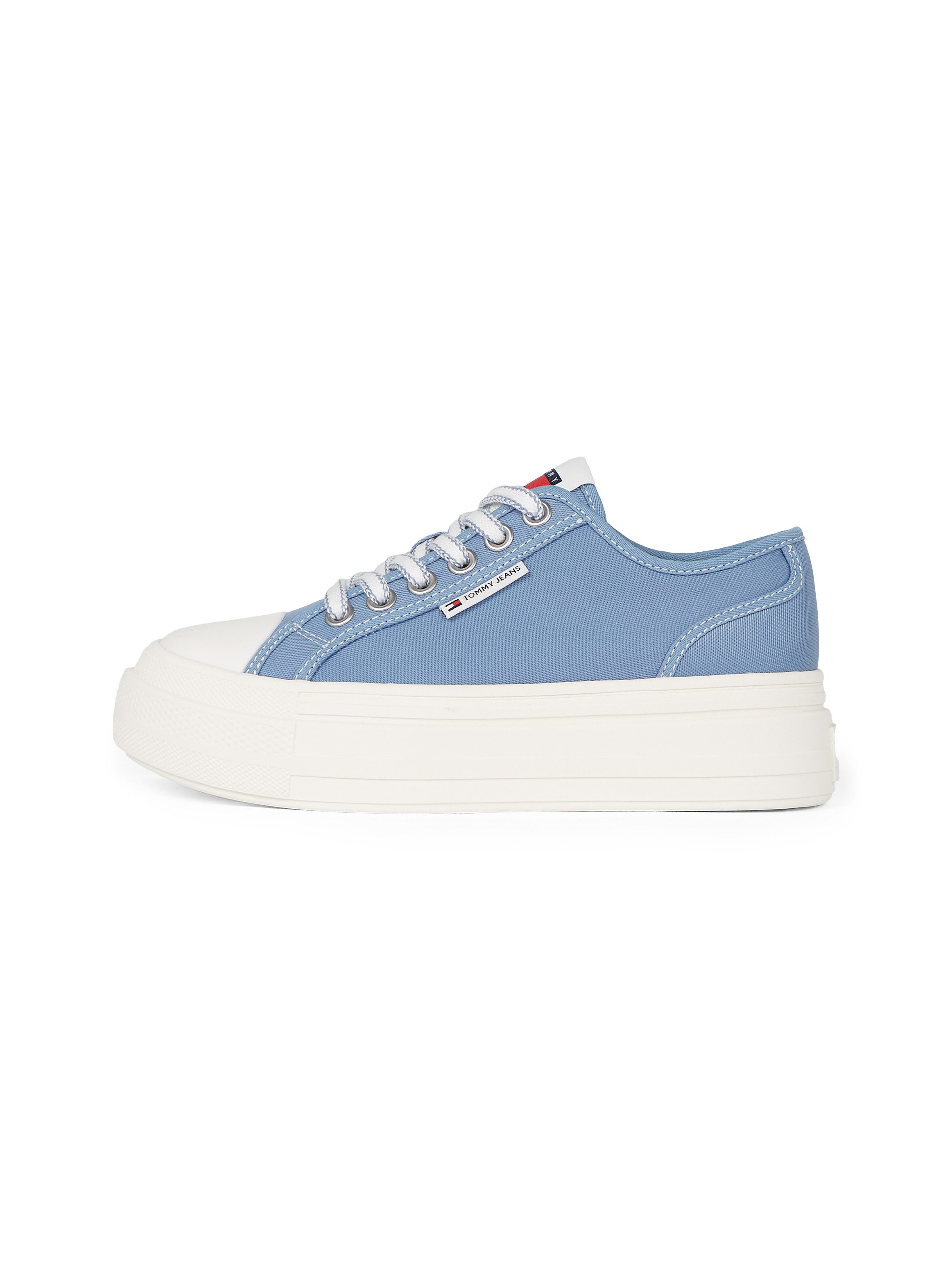 TOMMY JEANS Plateausneakers TJW FOXING FLATFORM SNEAKER LOW vrijetijdsschoen, lage schoen, veterschoen met trendy contraststiksels