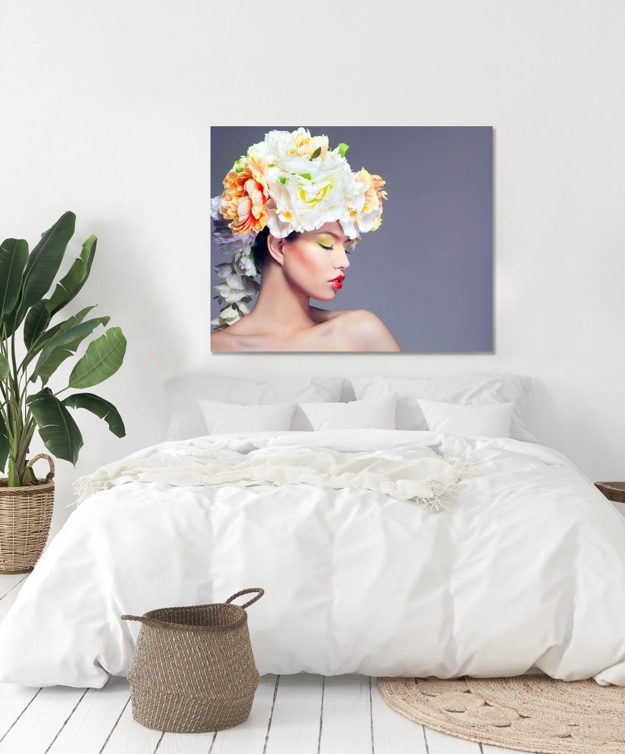 queence Artprint op acrylglas Vrouw met bloemenhoed Fine Art-print in galeriekwaliteit