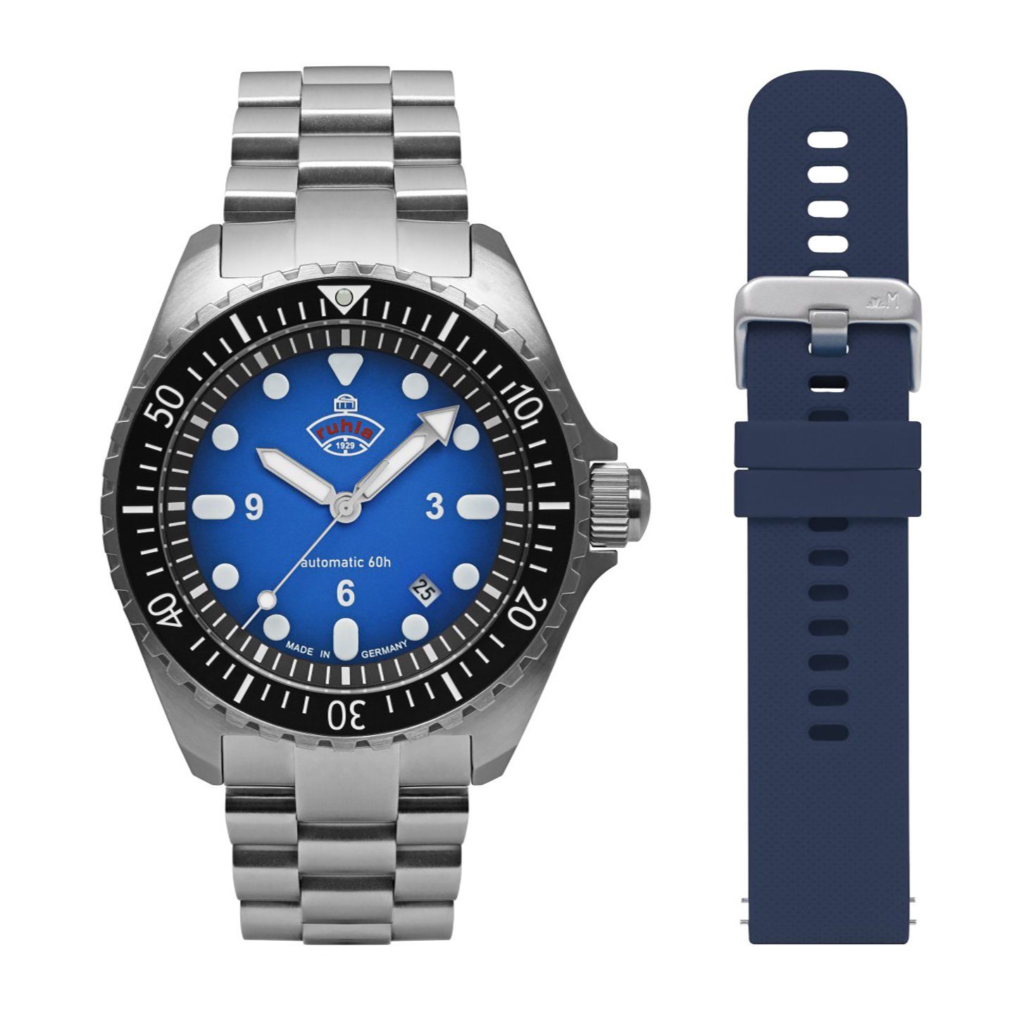 ruhla Automatisch horloge NVA commando mijnenruimers Horloge, herenhorloge, datum, saffierglas, Made in Germany (set, 2-delig, Met extra siliconen armband)