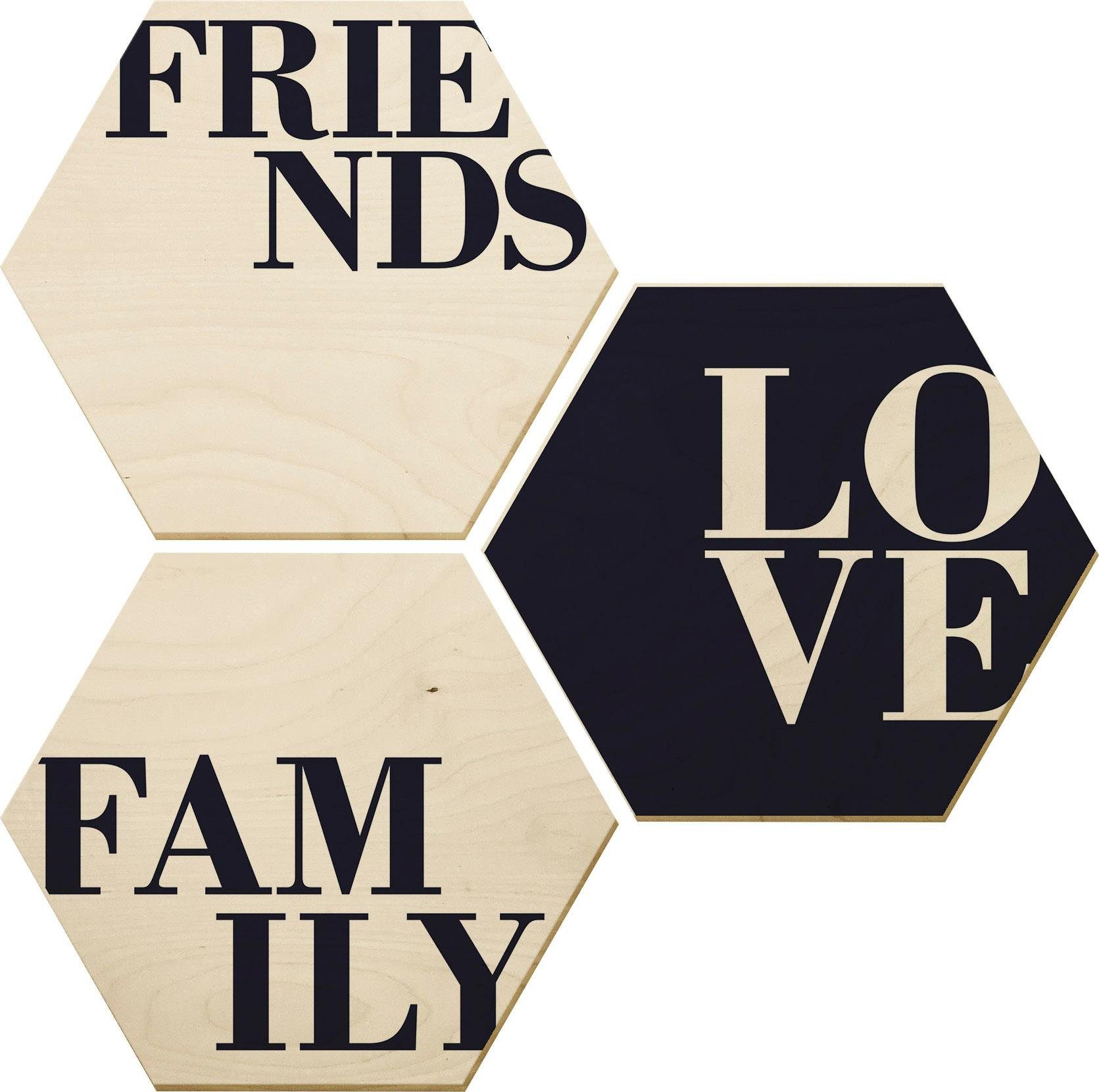 Wall-Art Artprint op hout Love, Friends, Family (set)