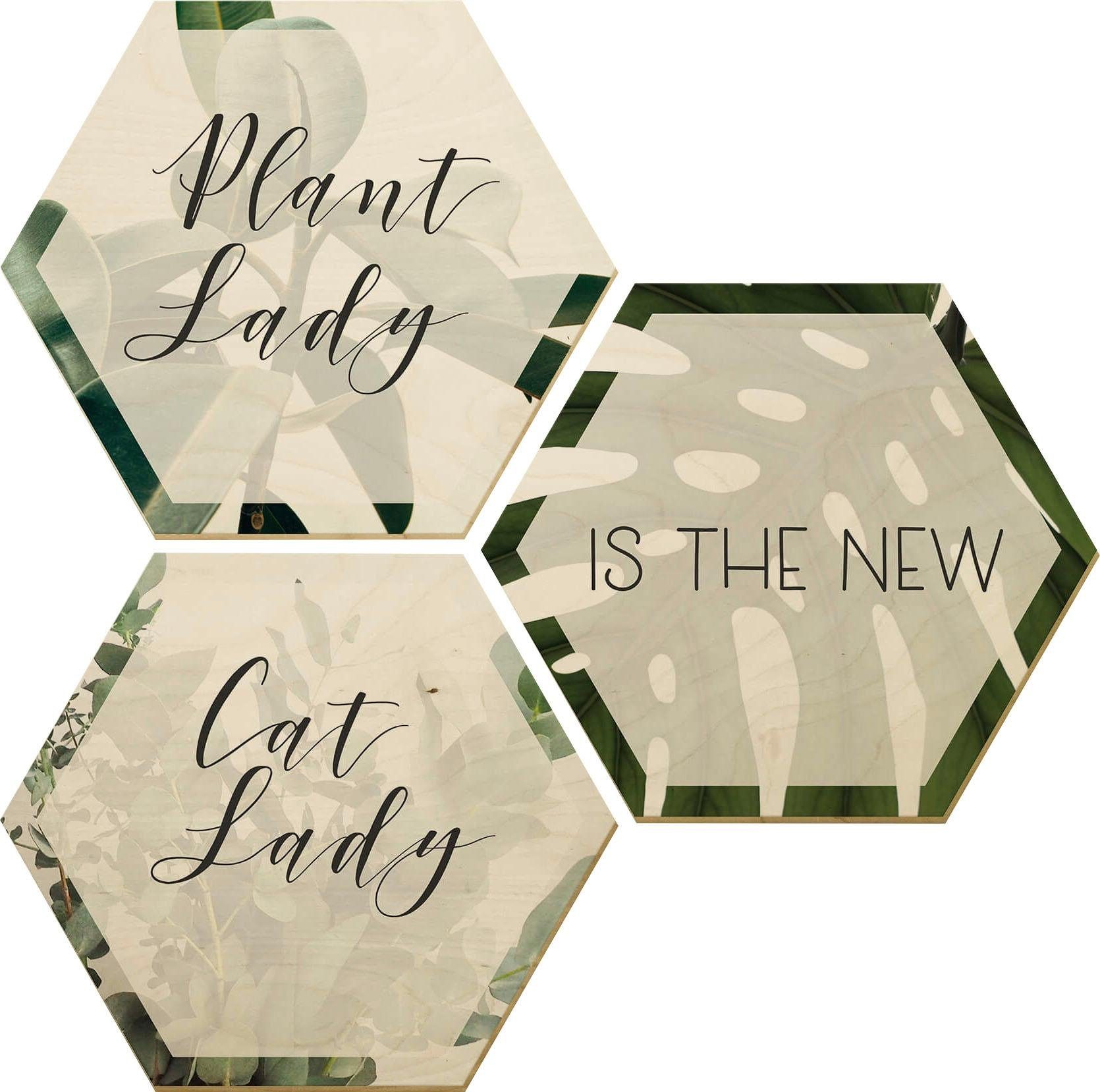 Wall-Art Artprint op hout Plantlady is the new Catlady (set)