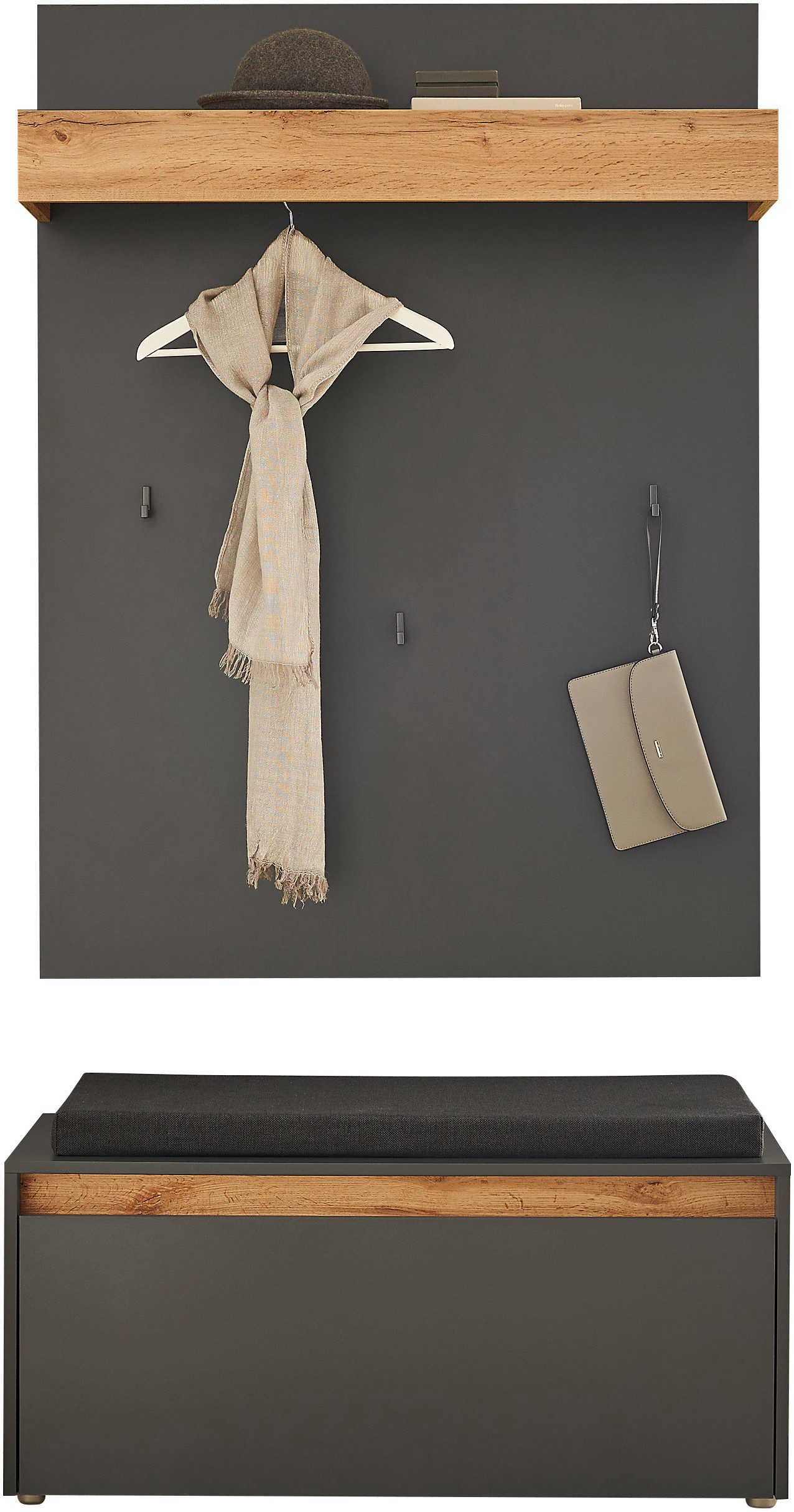 INOSIGN Halmeubelset GIRON/ CiTY, Garderobe in Wotan Eik, moderne garderobekast bevat garderobe paneel & schoenenbank incl. zitkussen, 100 cm breed (complete set, 2-delig)